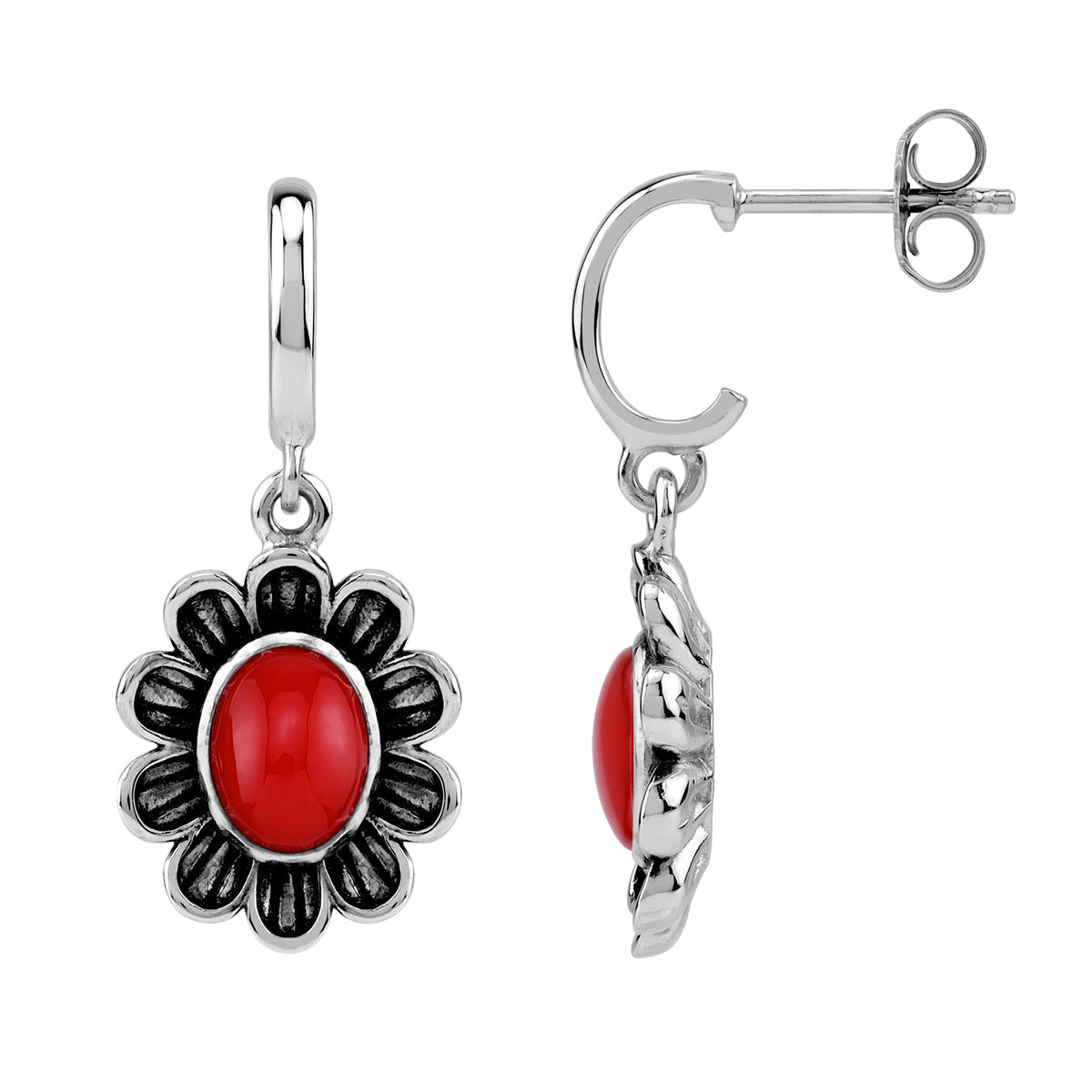 Silvershake 8X6mm Created Oval Shape Red Coral Cabochon 925 Sterling Silver Dangle Flower in C Hoop Stud Post Earrings Jewelry for Women - Silvershake-store