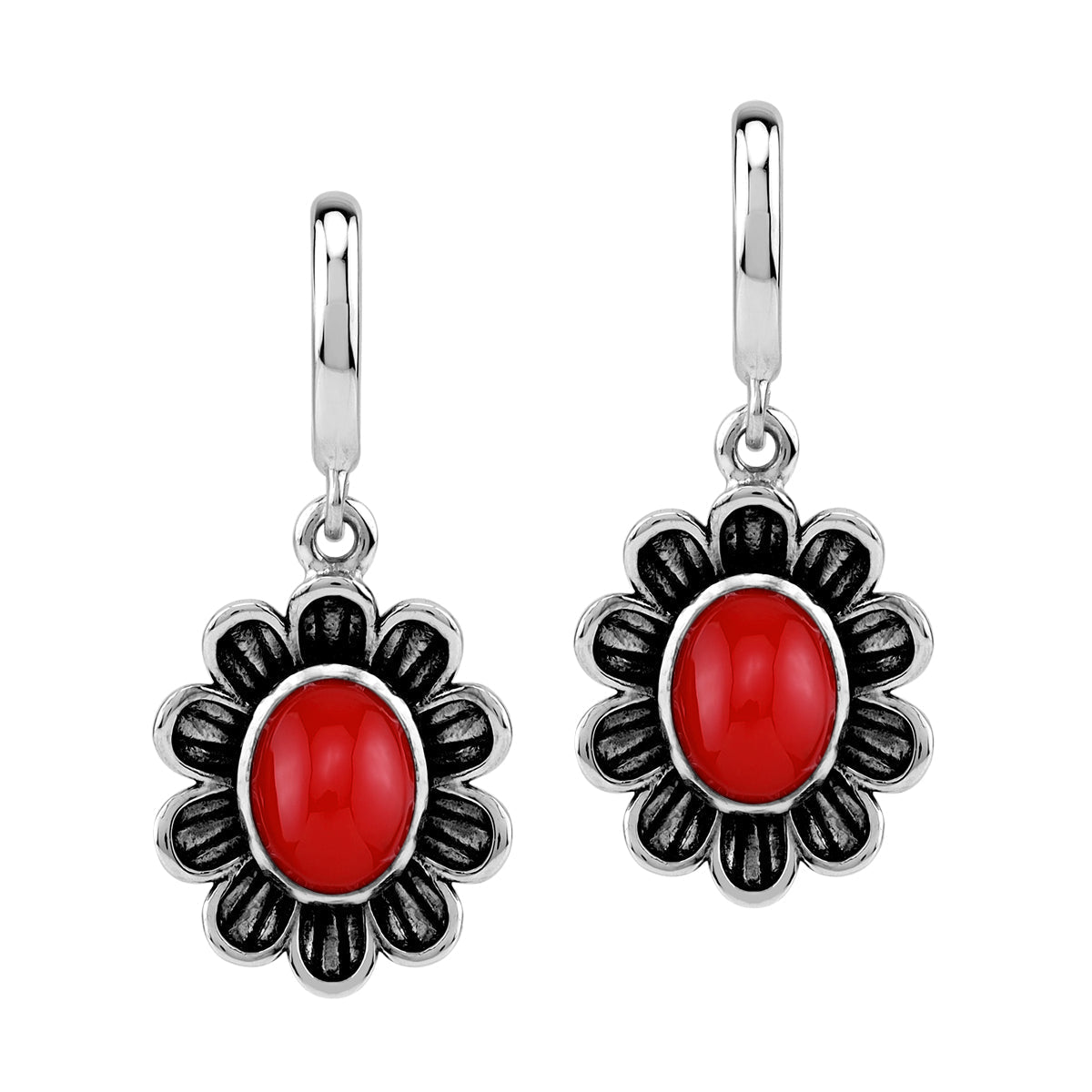 Silvershake 8X6mm Created Oval Shape Red Coral Cabochon 925 Sterling Silver Dangle Flower in C Hoop Stud Post Earrings Jewelry for Women - Silvershake-store