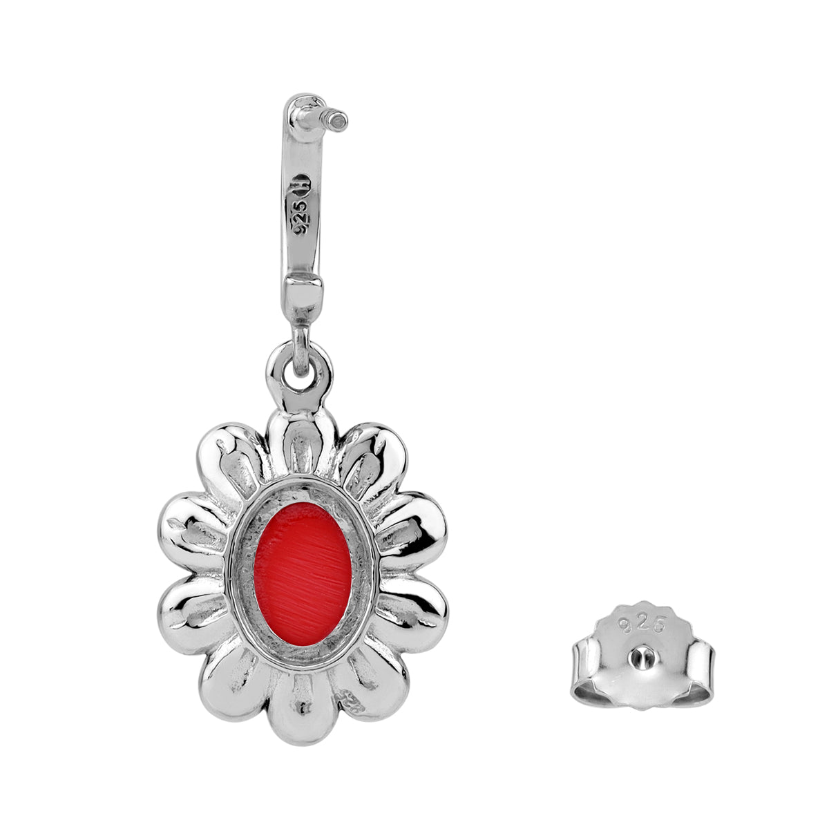 Silvershake 8X6mm Created Oval Shape Red Coral Cabochon 925 Sterling Silver Dangle Flower in C Hoop Stud Post Earrings Jewelry for Women - Silvershake-store