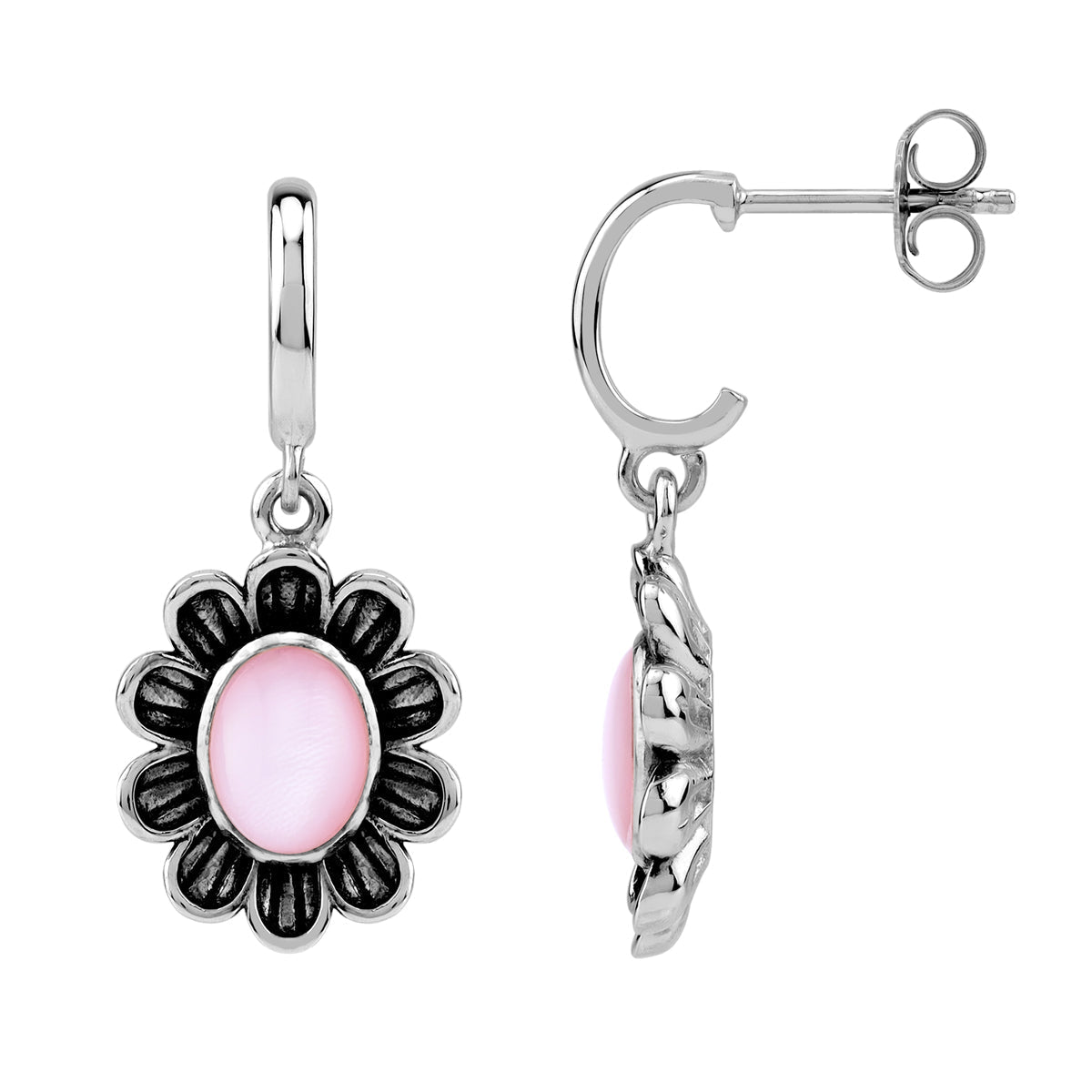 Silvershake 8X6mm Oval Shape Pink Mother of Pearl Cabochon 925 Sterling Silver Dangle Flower in C Hoop Stud Post Earrings Jewelry for Women - Silvershake-store