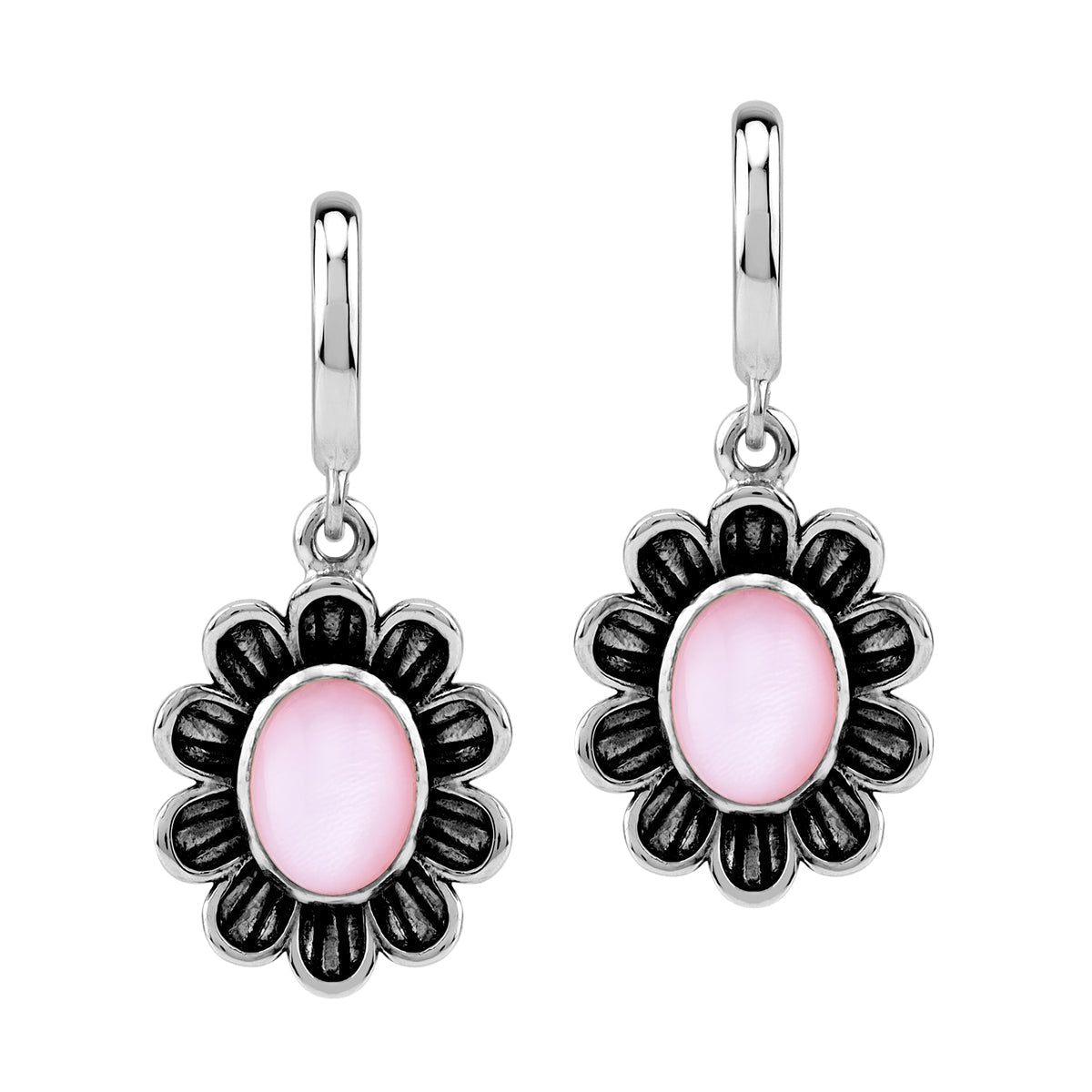 Silvershake 8X6mm Oval Shape Pink Mother of Pearl Cabochon 925 Sterling Silver Dangle Flower in C Hoop Stud Post Earrings Jewelry for Women - Silvershake-store