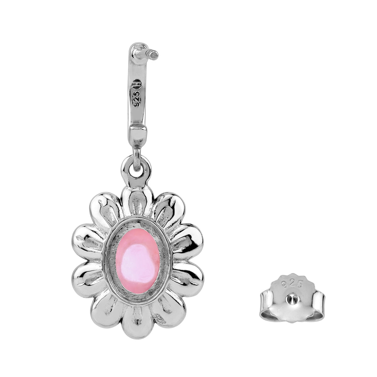 Silvershake 8X6mm Oval Shape Pink Mother of Pearl Cabochon 925 Sterling Silver Dangle Flower in C Hoop Stud Post Earrings Jewelry for Women - Silvershake-store