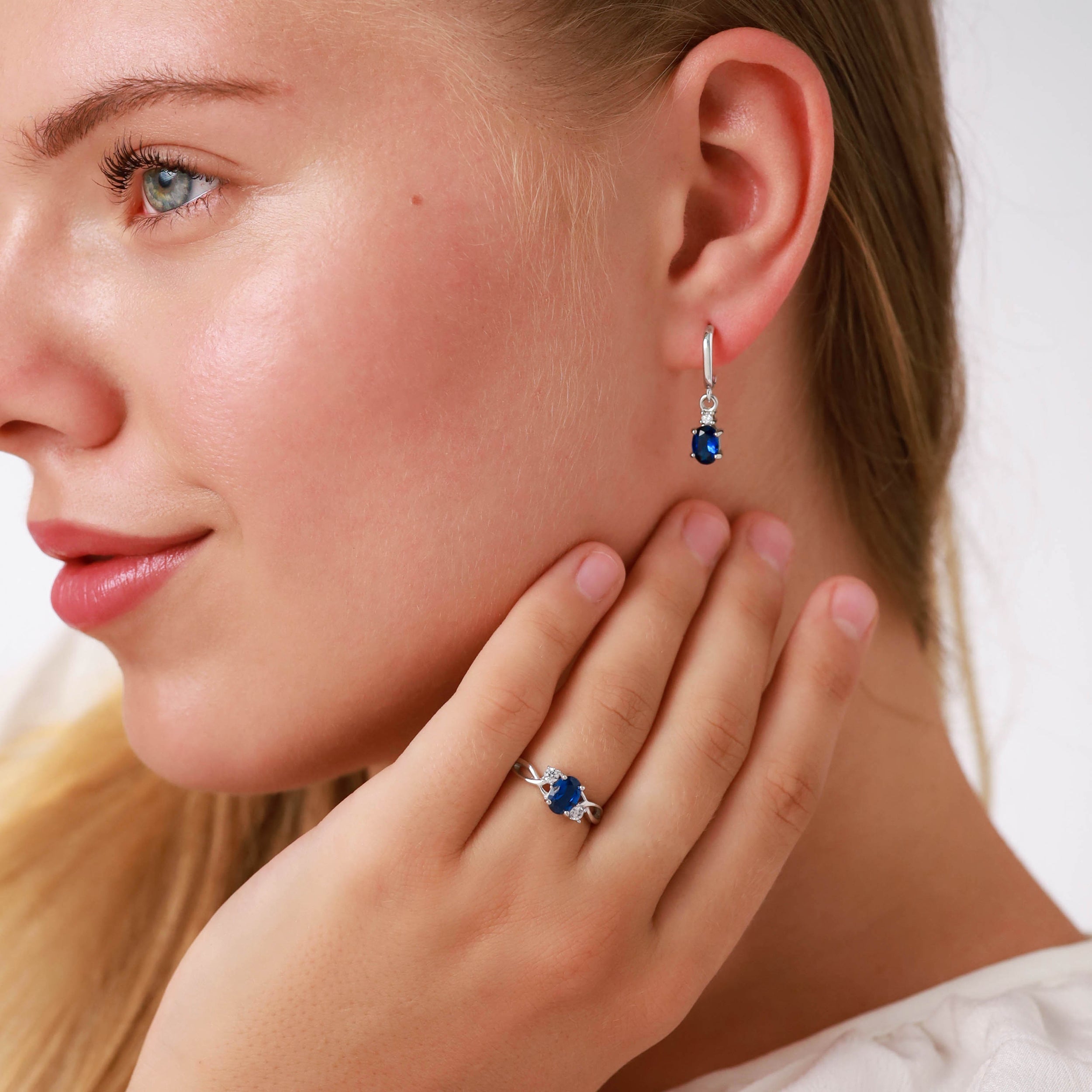 Petite 7X5mm Created Oval Shape Blue Sapphire White Gold Plated 925 Sterling Silver Dangle in C Hoop Stud Post Earrings September Birthstone Gemstone Jewelry for Women - Silvershake-store