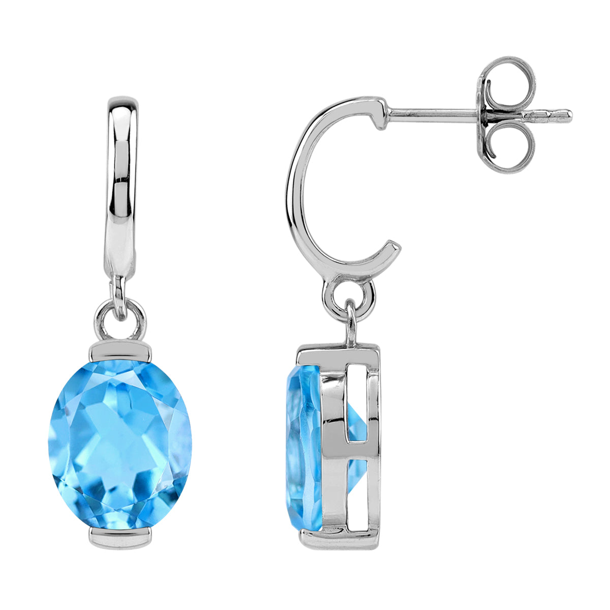 Silvershake 10X8mm 6.42 CTW Genuine Oval Shape Swiss Blue Topaz White Gold Plated 925 Sterling Silver in C Hoop Stud Post Dangle Earrings December Birthstone Gemstone Jewelry for Women - Silvershake-store