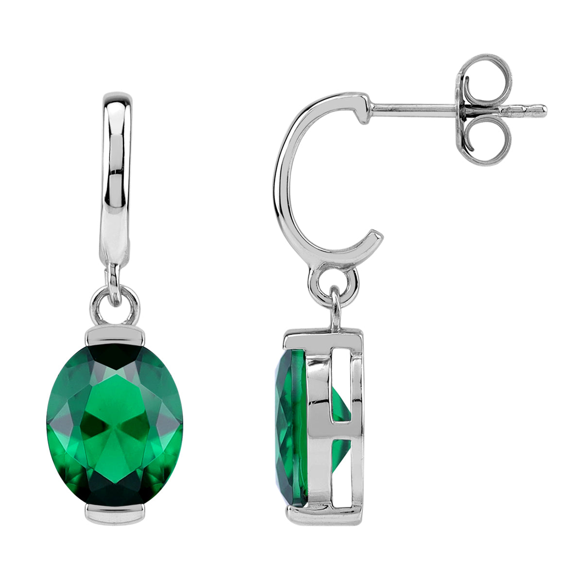 Silvershake 10X8mm Created Oval Shape Nano Green Emerald White Gold Plated 925 Sterling Silver in C Hoop Stud Post Dangle Earrings May Birthstone Gemstone Jewelry for Women - Silvershake-store