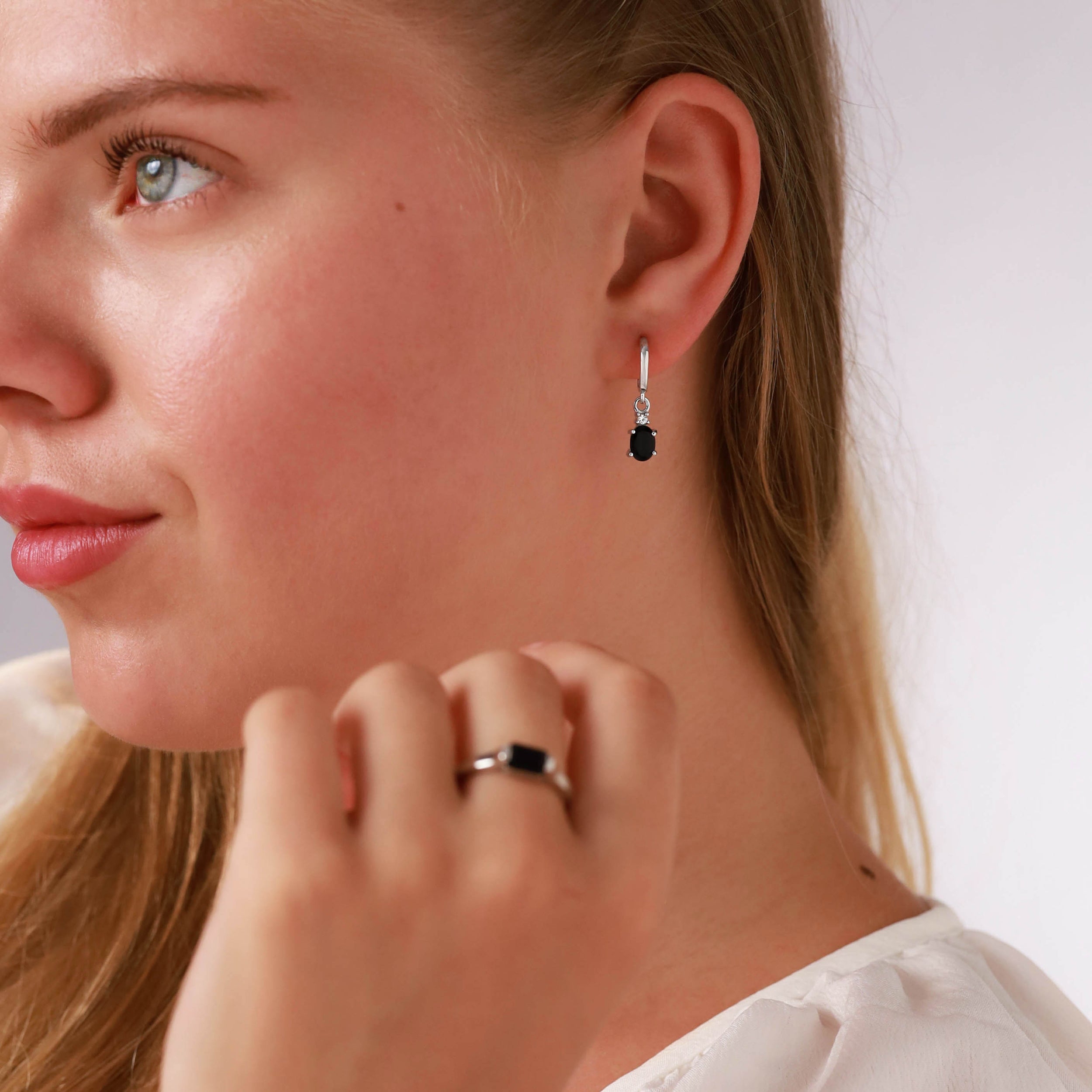 Petite 1.44 CTW 7X5mm Natural Oval Shape Black Onyx and Topaz White Gold Plated 925 Sterling Silver Dangle in C Hoop Stud Post Gemstone Earrings Jewelry for Women - Silvershake-store
