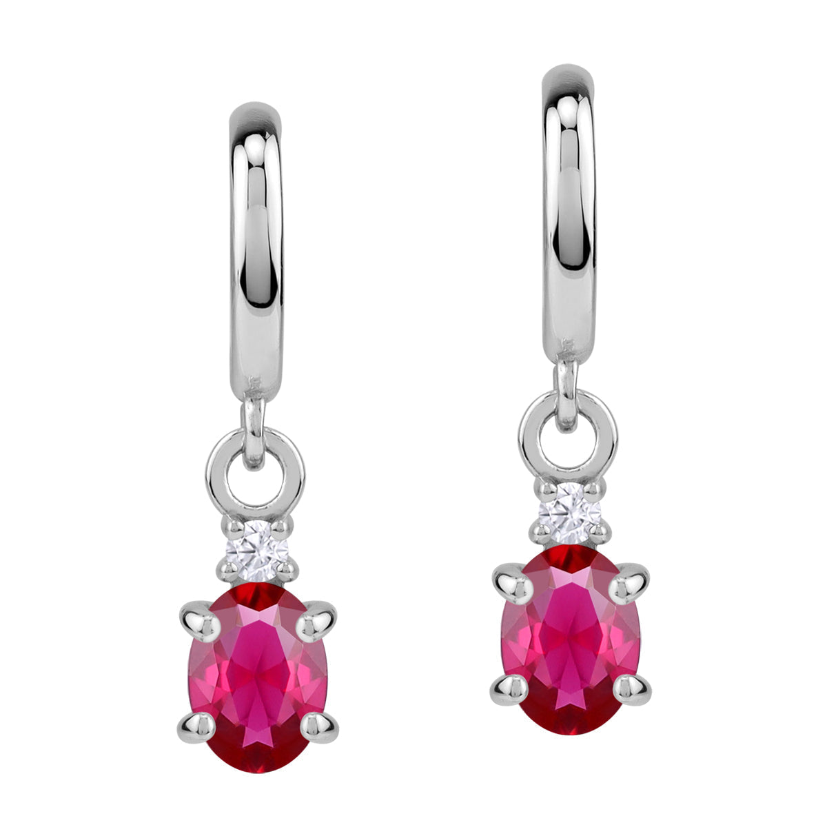 Petite 7X5mm Simulated Oval Shape Red Ruby White Gold Plated 925 Sterling Silver Dangle in C Hoop Stud Post Earrings July Birthstone Gemstone Jewelry for Women - Silvershake-store