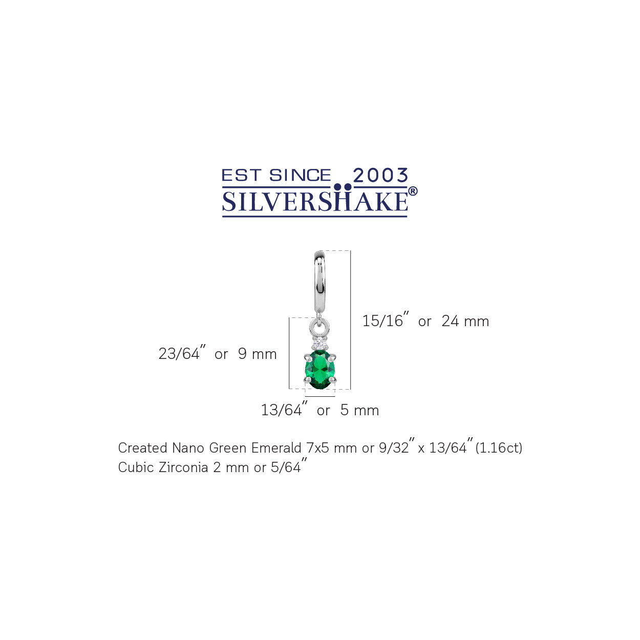 Petite 7X5mm Created Oval Shape Nano Green Emerald White Gold Plated 925 Sterling Silver Dangle in C Hoop Stud Post Earrings May Birthstone Gemstone Jewelry for Women - Silvershake-store