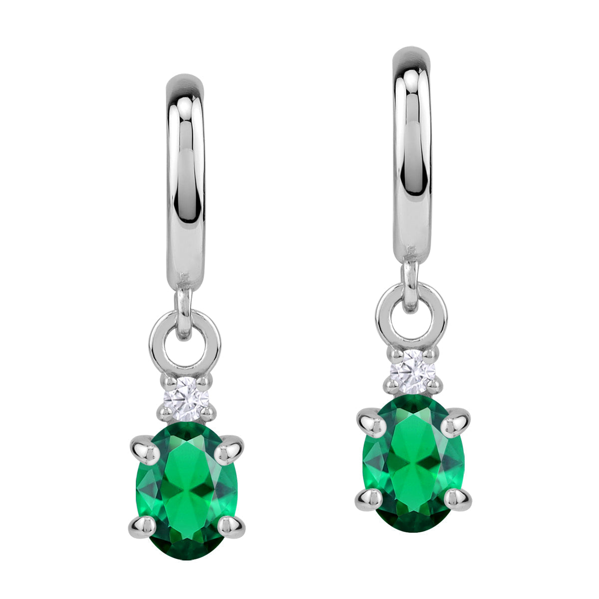 Petite 7X5mm Created Oval Shape Nano Green Emerald White Gold Plated 925 Sterling Silver Dangle in C Hoop Stud Post Earrings May Birthstone Gemstone Jewelry for Women - Silvershake-store