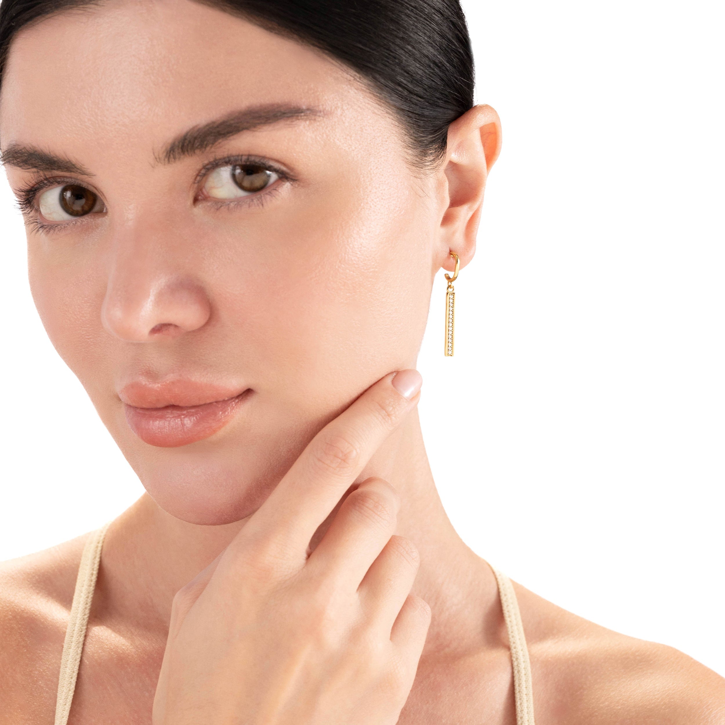 Silvershake Round Shape Cubic Zirconia White Gold Plated 925 Sterling Silver Minimalist Dangle Vertical Bar in C Hoop Stud Post Earrings April Gemstone Birthstone Jewelry for Women - Silvershake-store