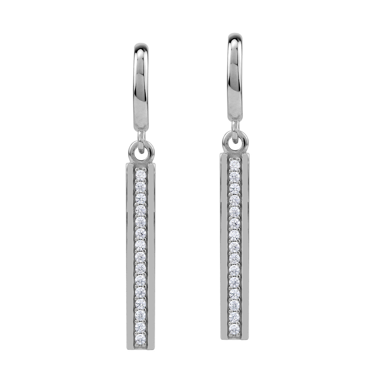 Silvershake Round Shape Cubic Zirconia White Gold Plated 925 Sterling Silver Minimalist Dangle Vertical Bar in C Hoop Stud Post Earrings April Gemstone Birthstone Jewelry for Women - Silvershake-store
