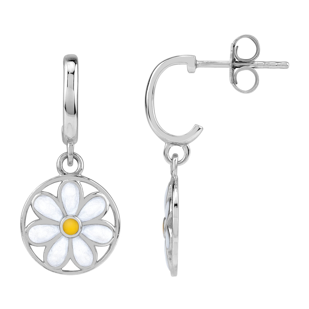 Silvershake Dangle Scroll / Filigree Flower Casual Circle C Hoop Stud Earrings in Enamel White Gold Plated 925 Sterling Silver Jewelry for Women - Silvershake-store