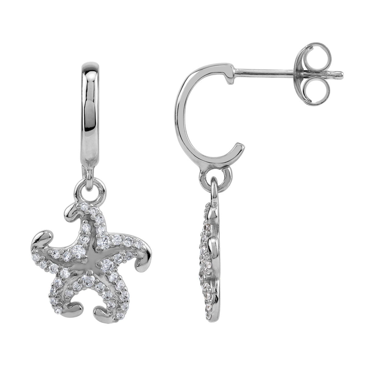 Silvershake Cubic Zirconia White Gold Plated 925 Sterling Silver Dangle Starfish Sealife Fashion in C Hoop Stud Post Earrings April Gemstone Birthstone Jewelry for Women - Silvershake-store