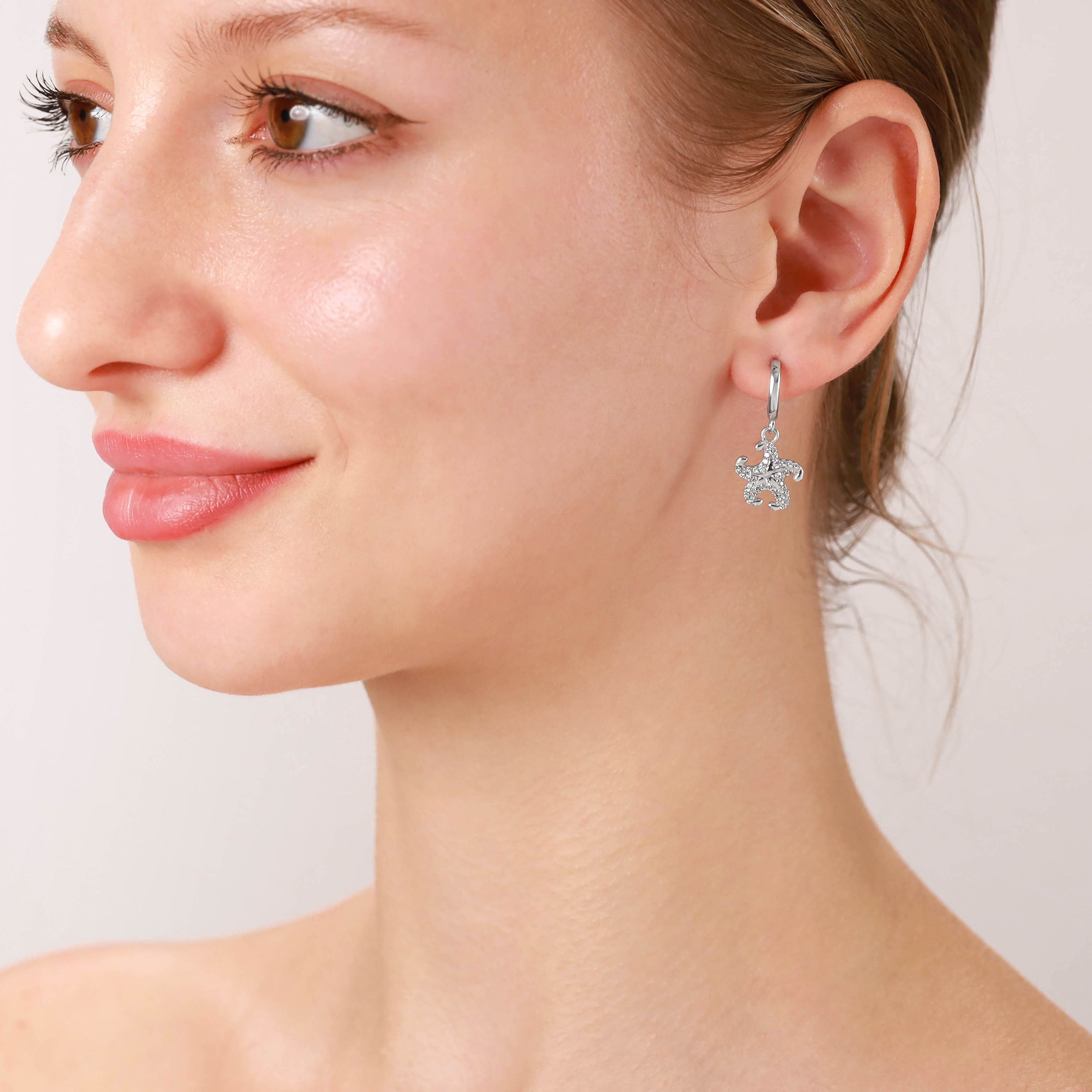 Silvershake Cubic Zirconia White Gold Plated 925 Sterling Silver Dangle Starfish Sealife Fashion in C Hoop Stud Post Earrings April Gemstone Birthstone Jewelry for Women - Silvershake-store