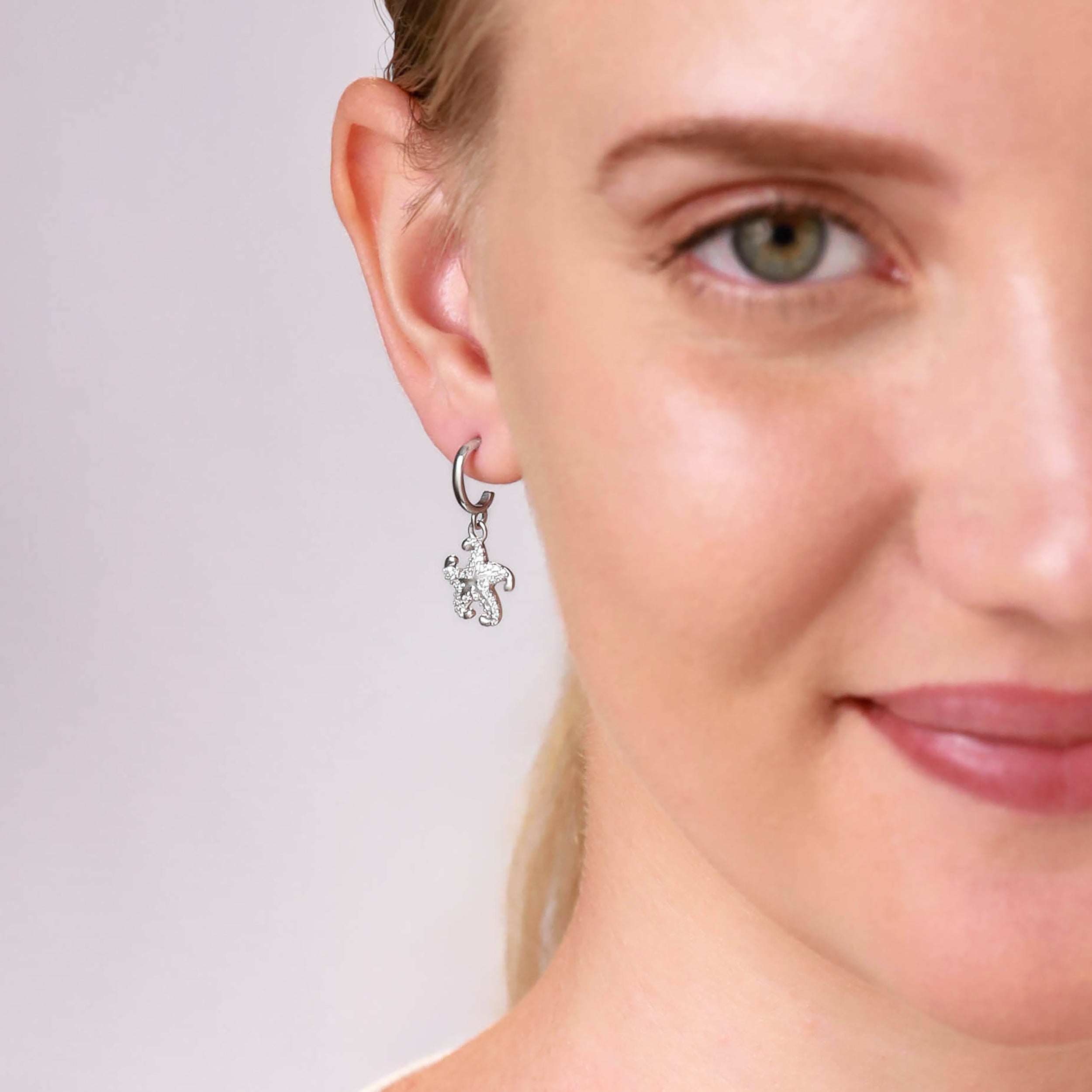 Silvershake Cubic Zirconia White Gold Plated 925 Sterling Silver Dangle Starfish Sealife Fashion in C Hoop Stud Post Earrings April Gemstone Birthstone Jewelry for Women - Silvershake-store