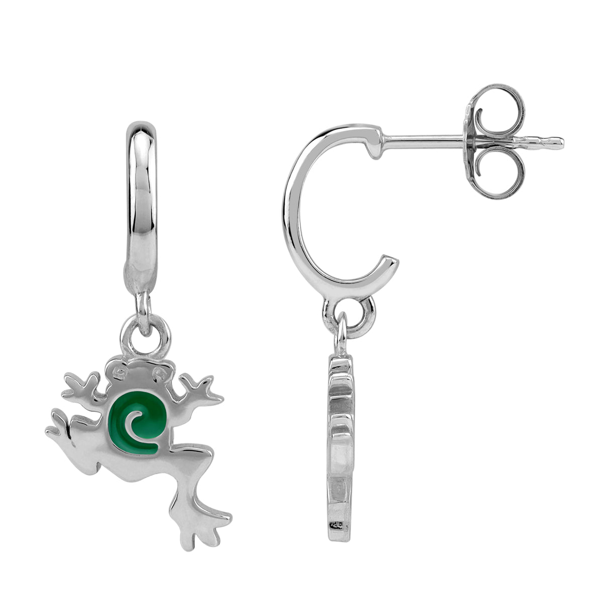 Silvershake Dangle Leaping / Climbing Frog Casual C Hoop Stud Earrings in Apostrophe, Comma Green Enamel White Gold Plated 925 Sterling Silver Jewelry for Women - Silvershake-store