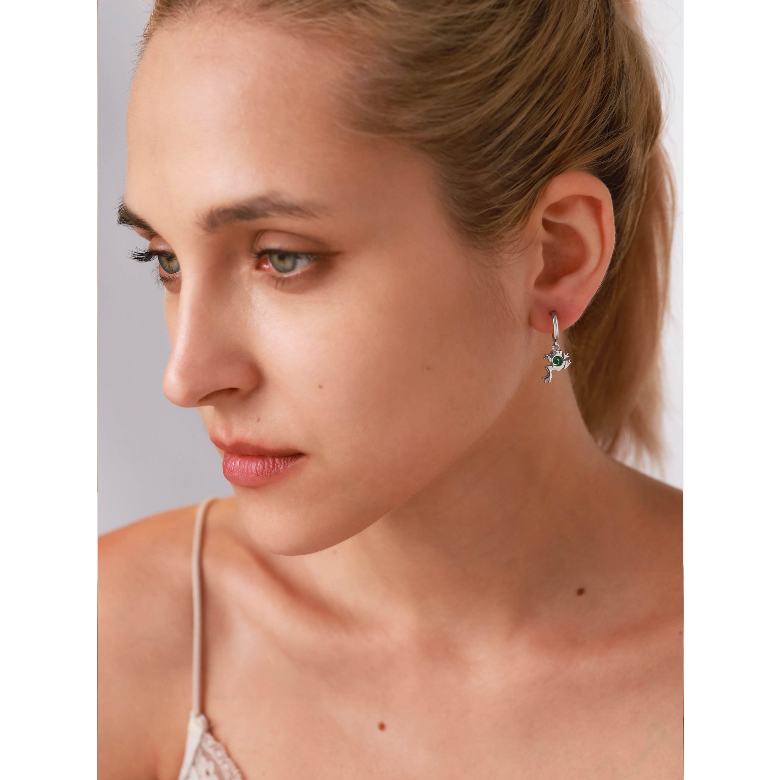 Silvershake Dangle Leaping / Climbing Frog Casual C Hoop Stud Earrings in Apostrophe, Comma Green Enamel White Gold Plated 925 Sterling Silver Jewelry for Women - Silvershake-store
