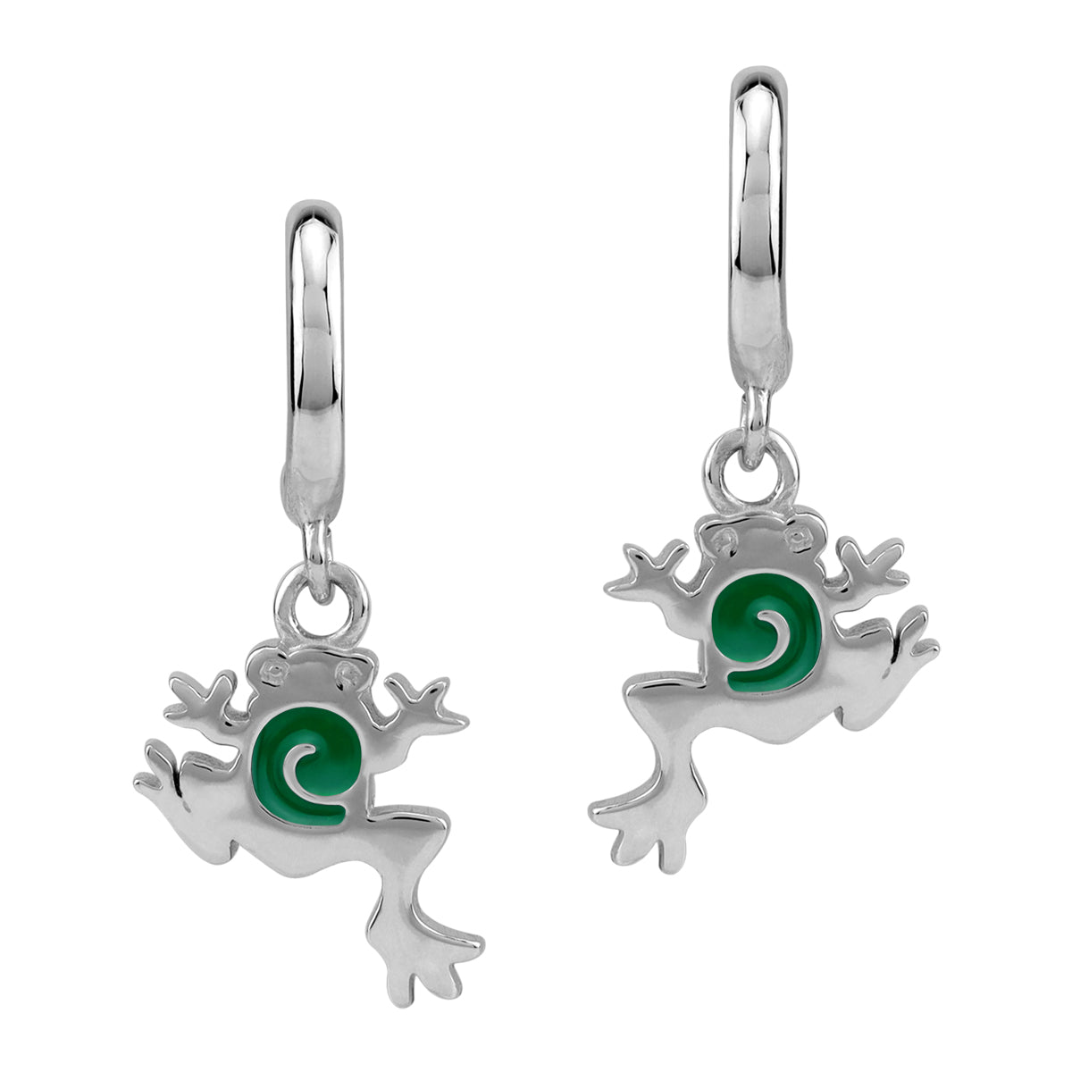 Silvershake Dangle Leaping / Climbing Frog Casual C Hoop Stud Earrings in Apostrophe, Comma Green Enamel White Gold Plated 925 Sterling Silver Jewelry for Women - Silvershake-store