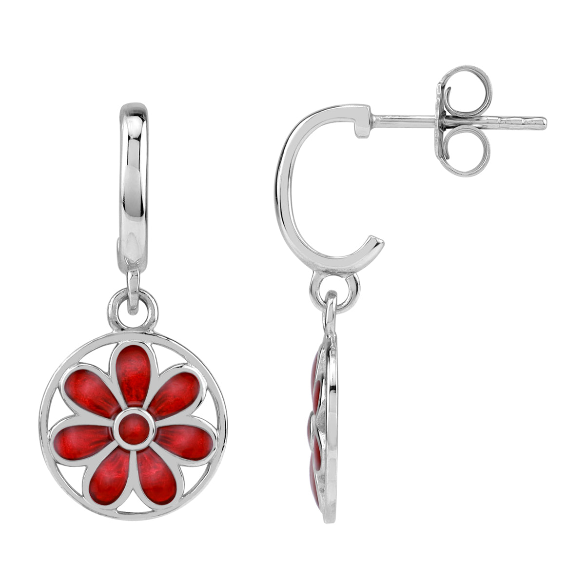 Silvershake Dangle Scroll / Filigree Flower Casual Circle C Hoop Stud Earrings in Red Enamel White Gold Plated 925 Sterling Silver Jewelry for Women - Silvershake-store