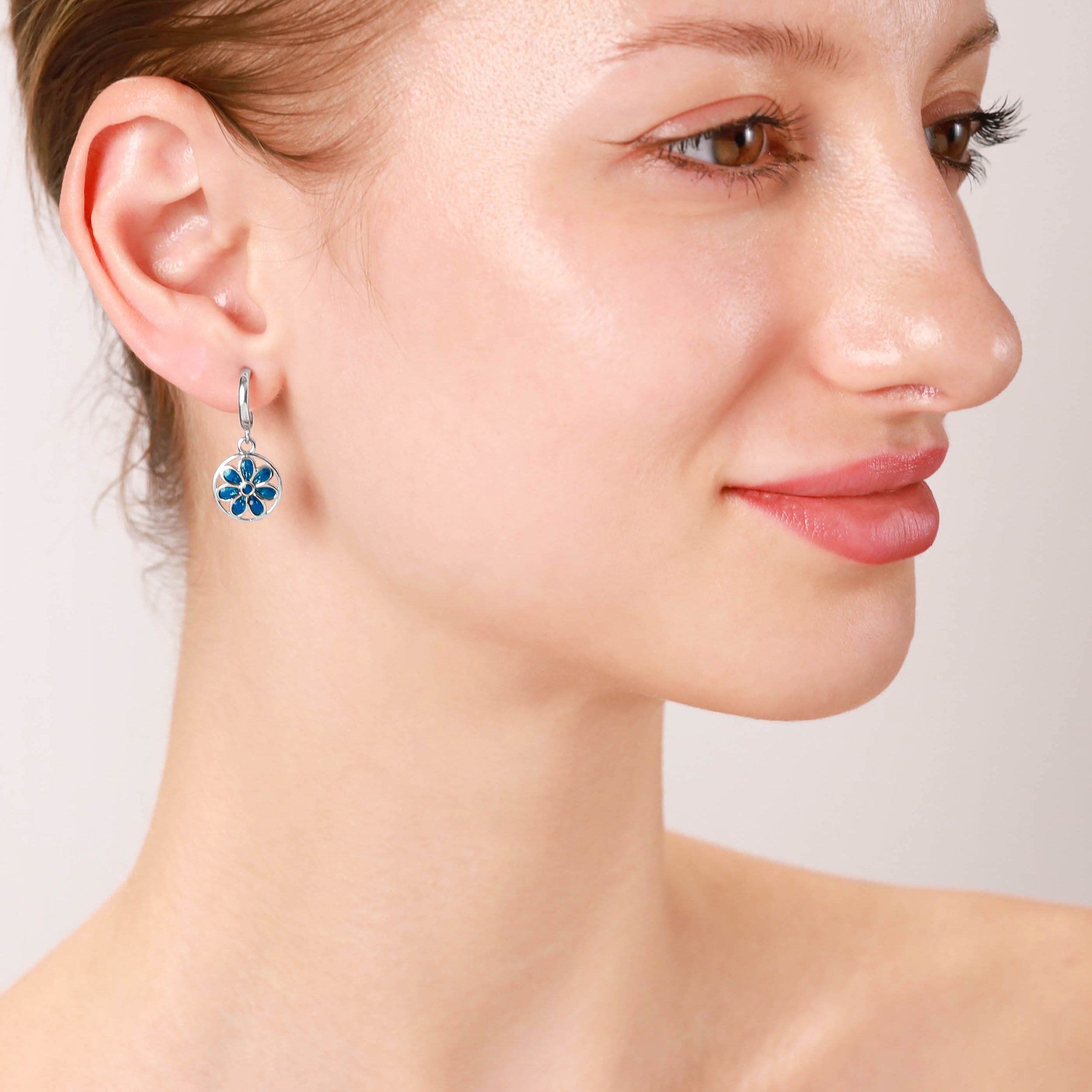 Silvershake Dangle Scroll / Filigree Flower Casual Circle C Hoop Stud Earrings in Red Enamel White Gold Plated 925 Sterling Silver Jewelry for Women - Silvershake-store