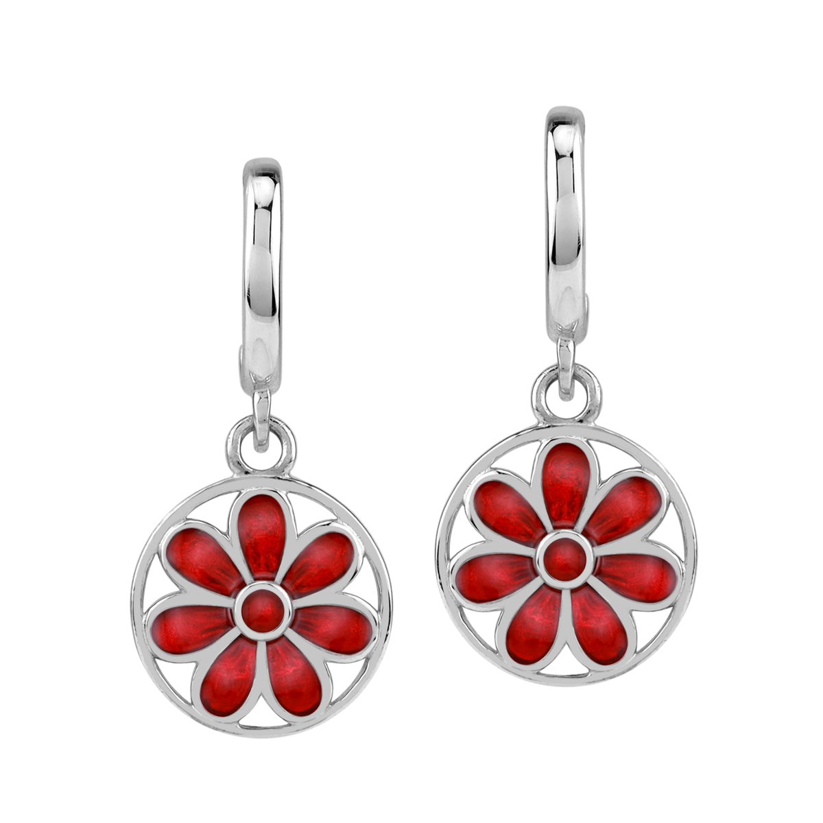 Silvershake Dangle Scroll / Filigree Flower Casual Circle C Hoop Stud Earrings in Red Enamel White Gold Plated 925 Sterling Silver Jewelry for Women - Silvershake-store