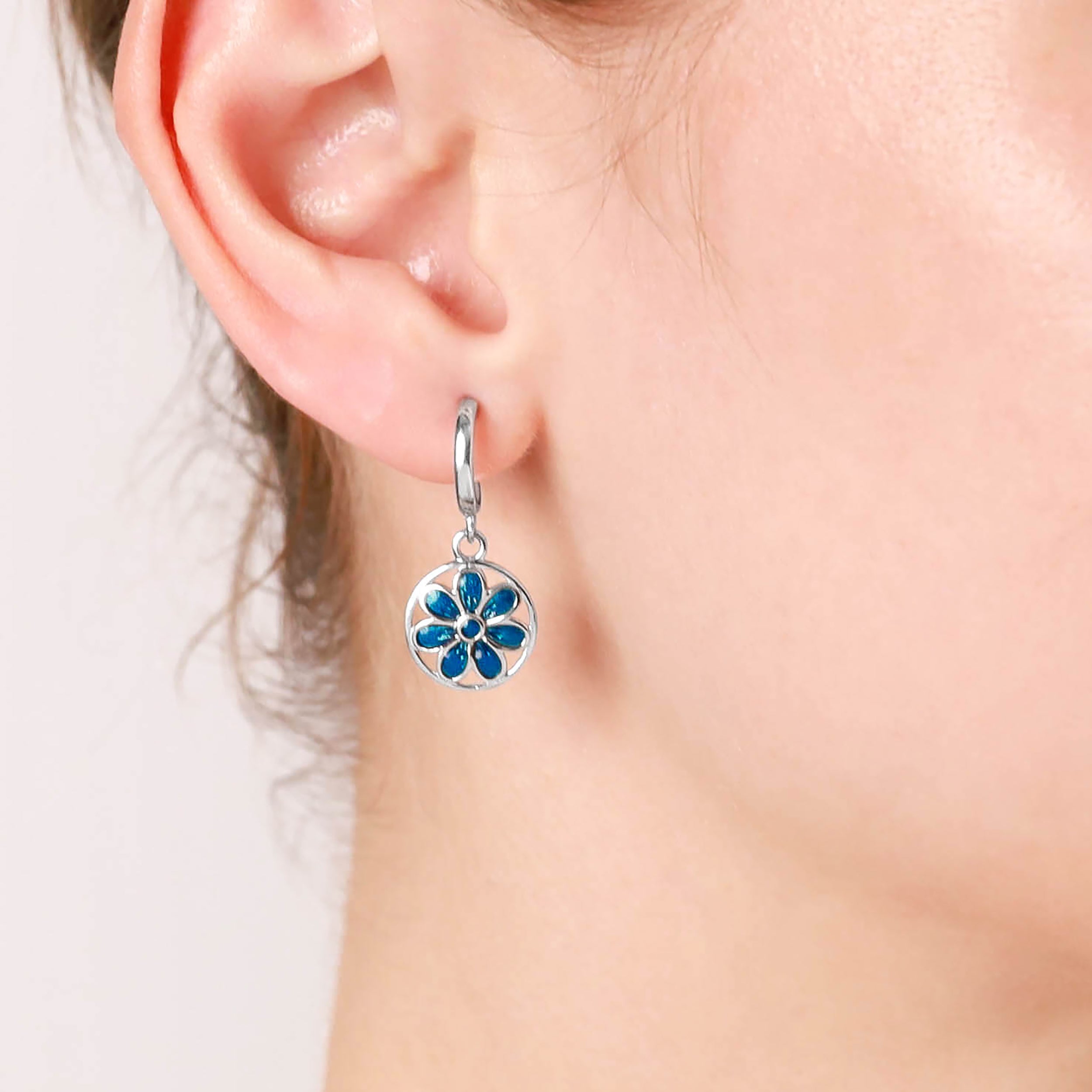 Silvershake Dangle Scroll / Filigree Flower Casual Circle C Hoop Stud Earrings in Blue Enamel White Gold Plated 925 Sterling Silver Jewelry for Women - Silvershake-store
