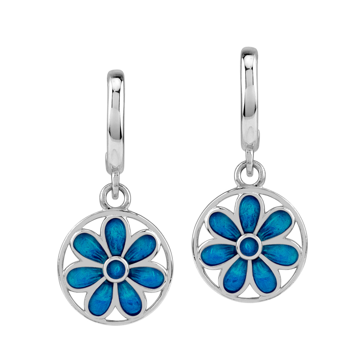 Silvershake Dangle Scroll / Filigree Flower Casual Circle C Hoop Stud Earrings in Blue Enamel White Gold Plated 925 Sterling Silver Jewelry for Women - Silvershake-store
