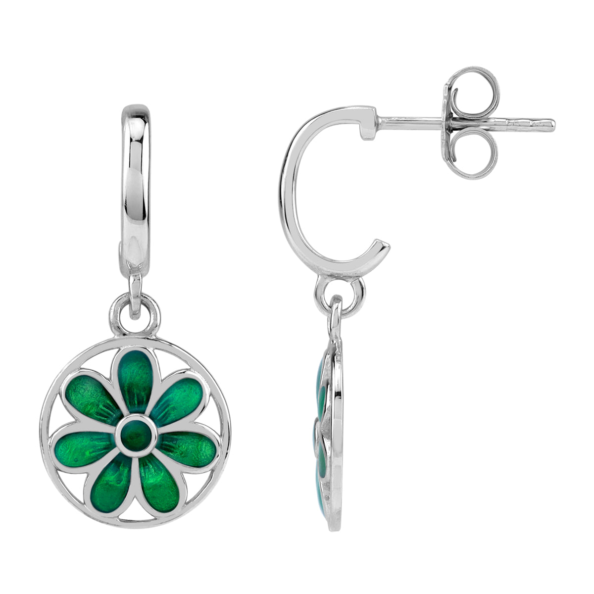 Silvershake Dangle Scroll / Filigree Flower Casual Circle C Hoop Stud Earrings in Green Enamel White Gold Plated 925 Sterling Silver Jewelry for Women - Silvershake-store