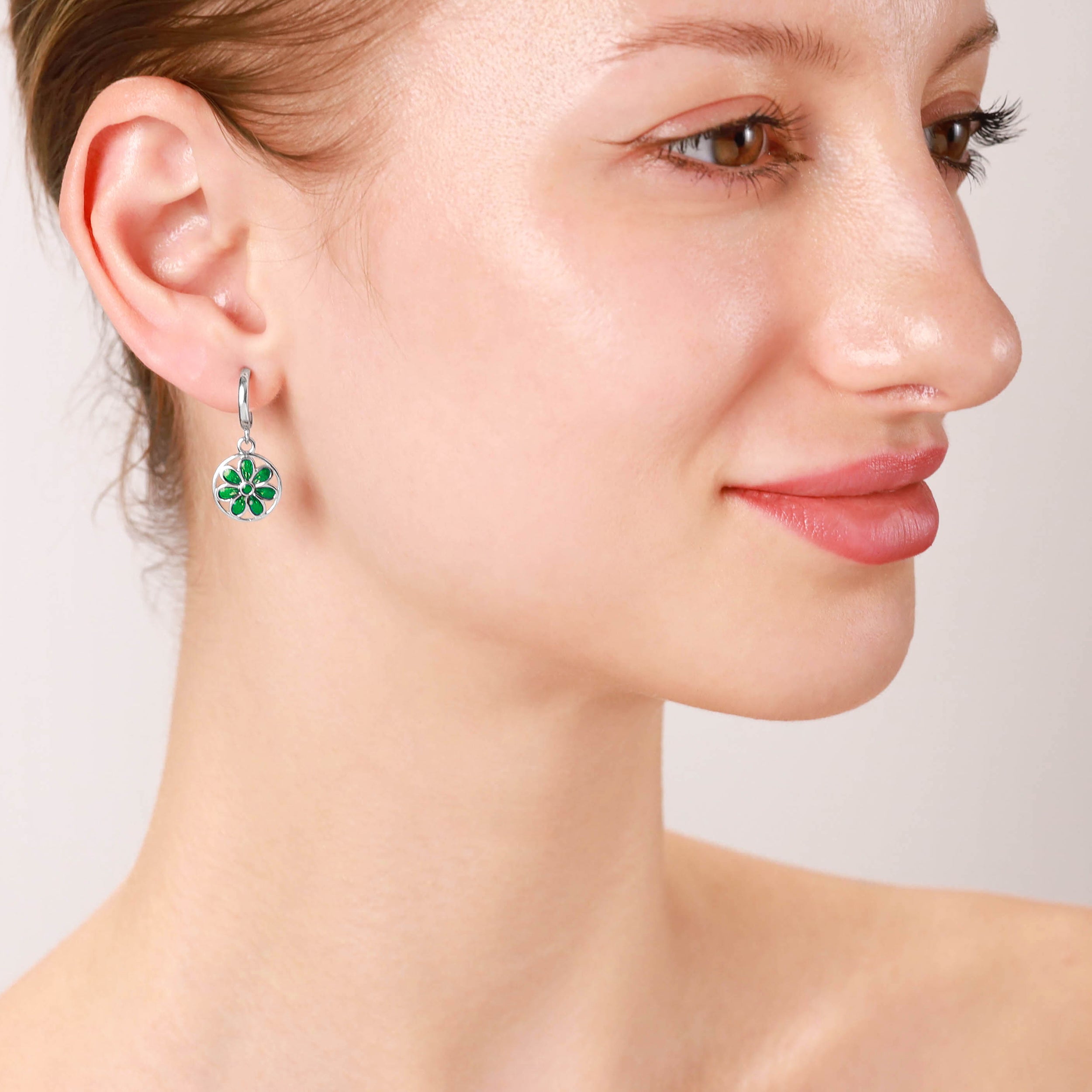 Silvershake Dangle Scroll / Filigree Flower Casual Circle C Hoop Stud Earrings in Green Enamel White Gold Plated 925 Sterling Silver Jewelry for Women - Silvershake-store