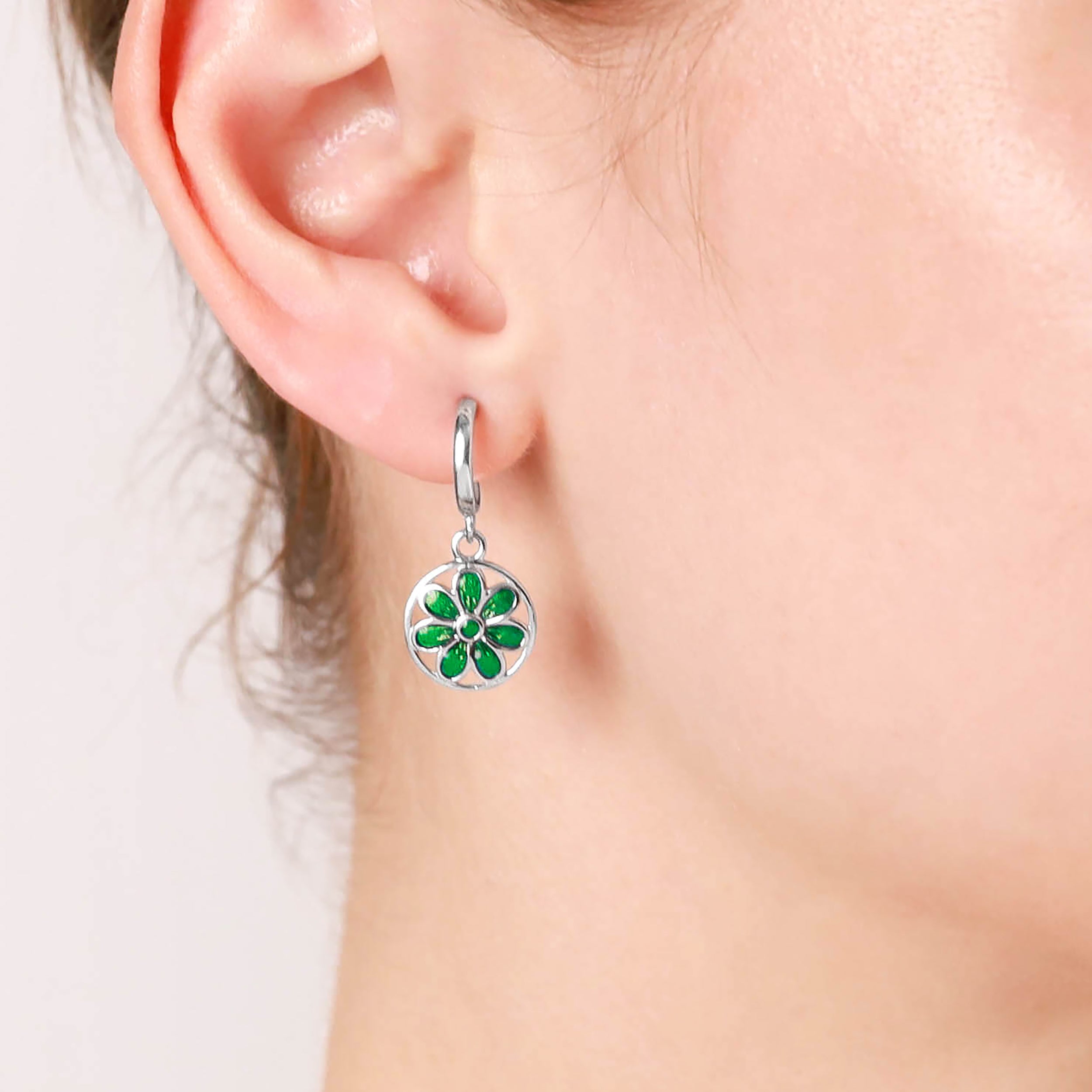 Silvershake Dangle Scroll / Filigree Flower Casual Circle C Hoop Stud Earrings in Green Enamel White Gold Plated 925 Sterling Silver Jewelry for Women - Silvershake-store