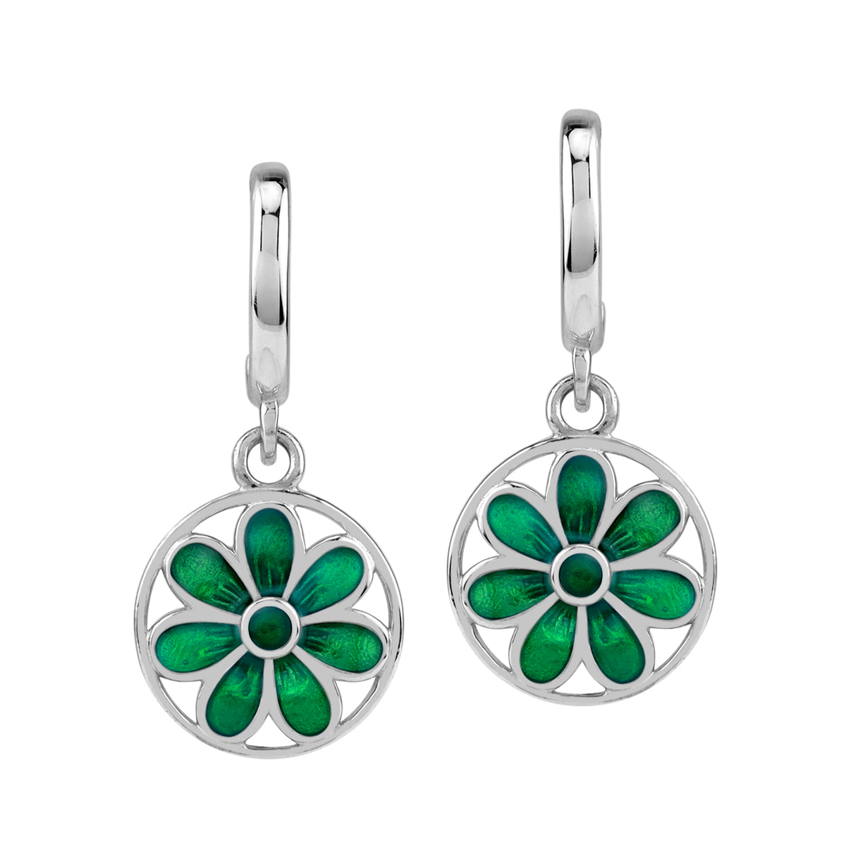 Silvershake Dangle Scroll / Filigree Flower Casual Circle C Hoop Stud Earrings in Green Enamel White Gold Plated 925 Sterling Silver Jewelry for Women - Silvershake-store