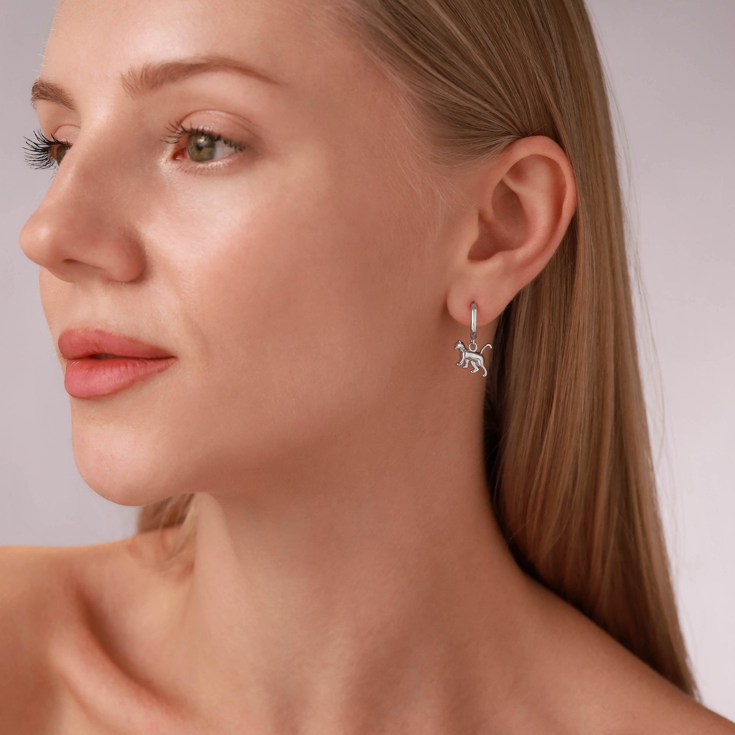 Silvershake White Gold Plated 925 Sterling Silver Minimalist Dangle Cat Pet Casual in C Hoop Stud Post Earrings Jewelry for Women - Silvershake-store