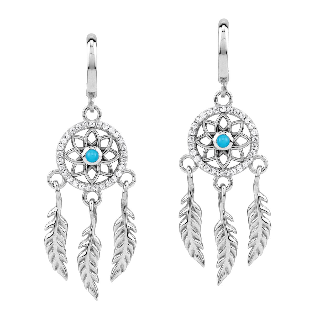 Silvershake Genuine Blue Turquoise and Cubic Zirconia White Gold Plated 925 Sterling Silver Dream Catcher Flower Feather Bohemian Inspired Dangle in C Hoop Stud Post Earrings - Silvershake-store