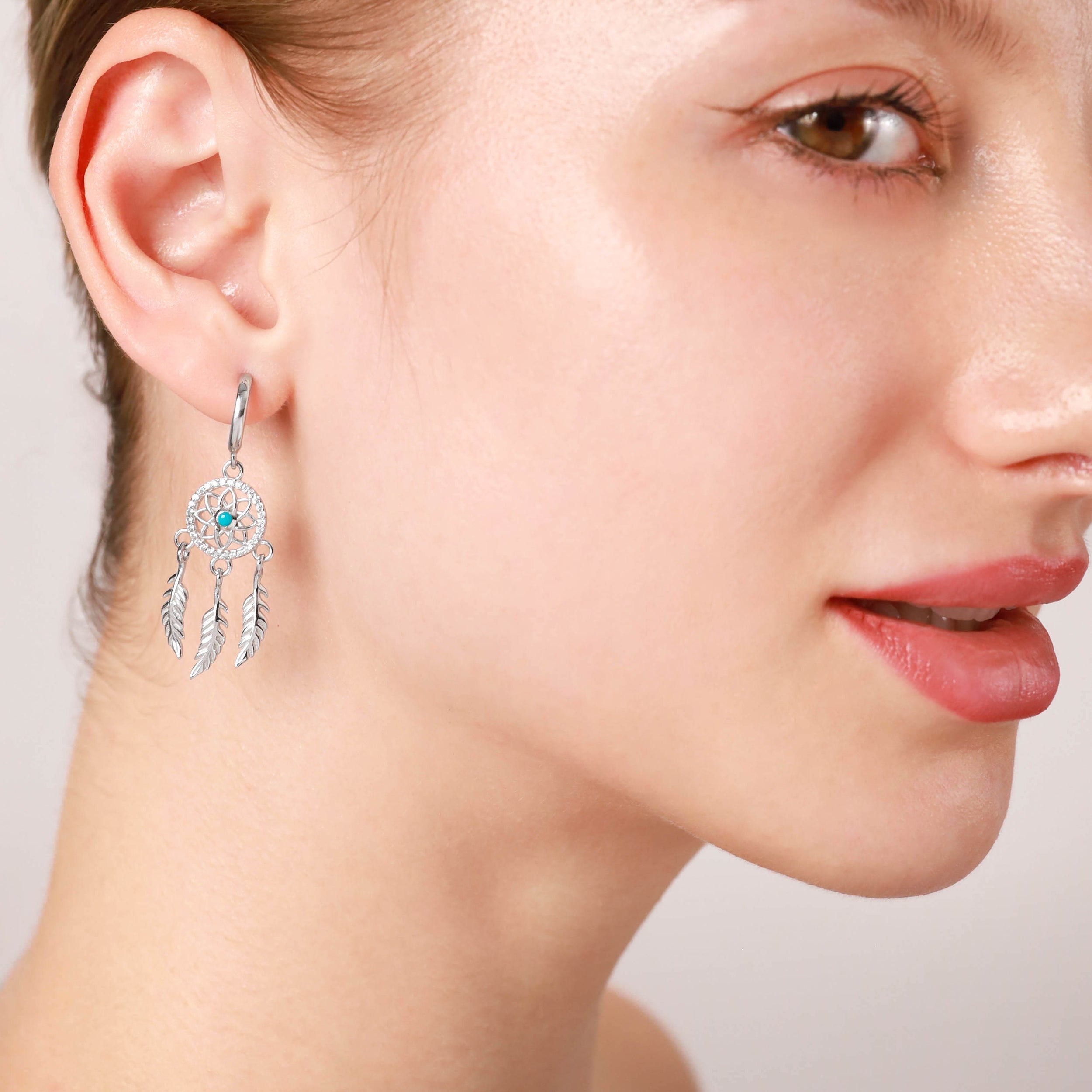 Silvershake Genuine Blue Turquoise and Cubic Zirconia White Gold Plated 925 Sterling Silver Dream Catcher Flower Feather Bohemian Inspired Dangle in C Hoop Stud Post Earrings - Silvershake-store