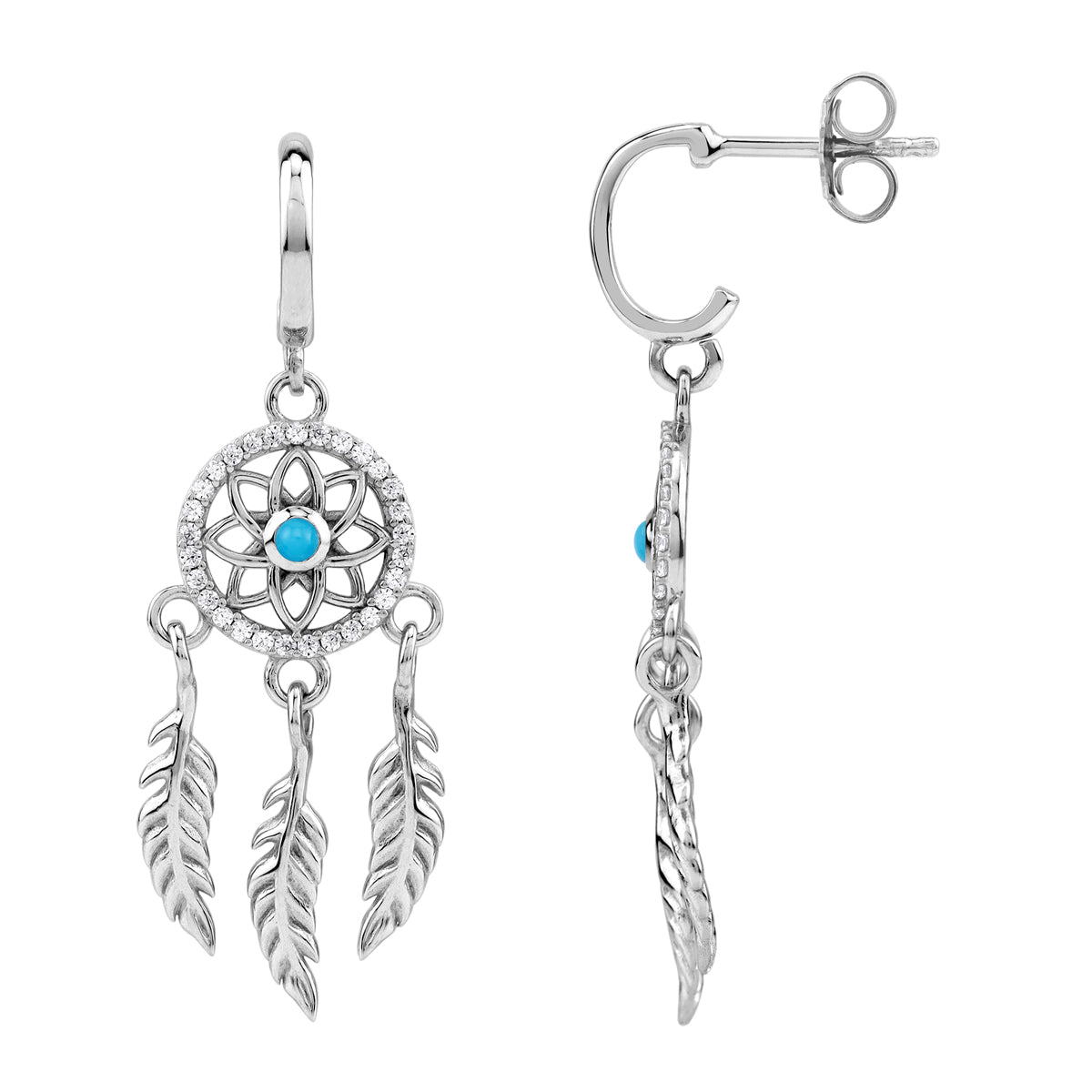 Silvershake Genuine Blue Turquoise and Cubic Zirconia White Gold Plated 925 Sterling Silver Dream Catcher Flower Feather Bohemian Inspired Dangle in C Hoop Stud Post Earrings - Silvershake-store
