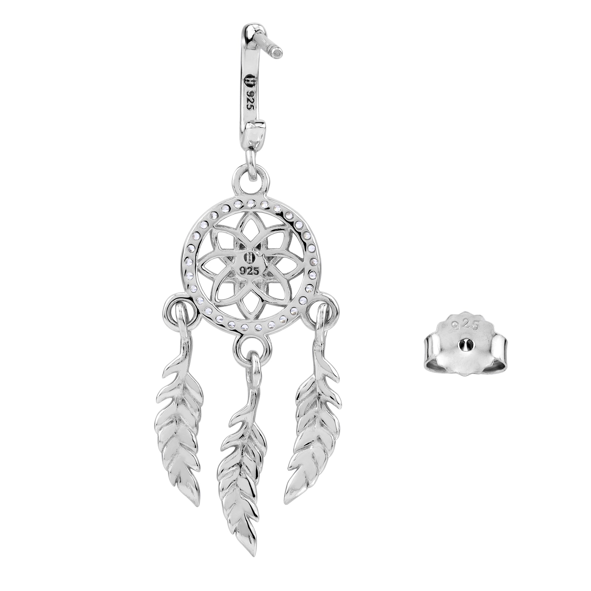 Silvershake Genuine Blue Turquoise and Cubic Zirconia White Gold Plated 925 Sterling Silver Dream Catcher Flower Feather Bohemian Inspired Dangle in C Hoop Stud Post Earrings - Silvershake-store