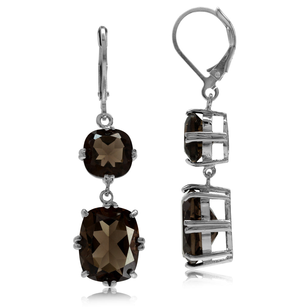 Silvershake 13.4 CTW Natural Cushion Shape Smoky Quartz White Gold Plated 925 Sterling Silver Leverback Dangle Gemstone Earrings - Silvershake-store