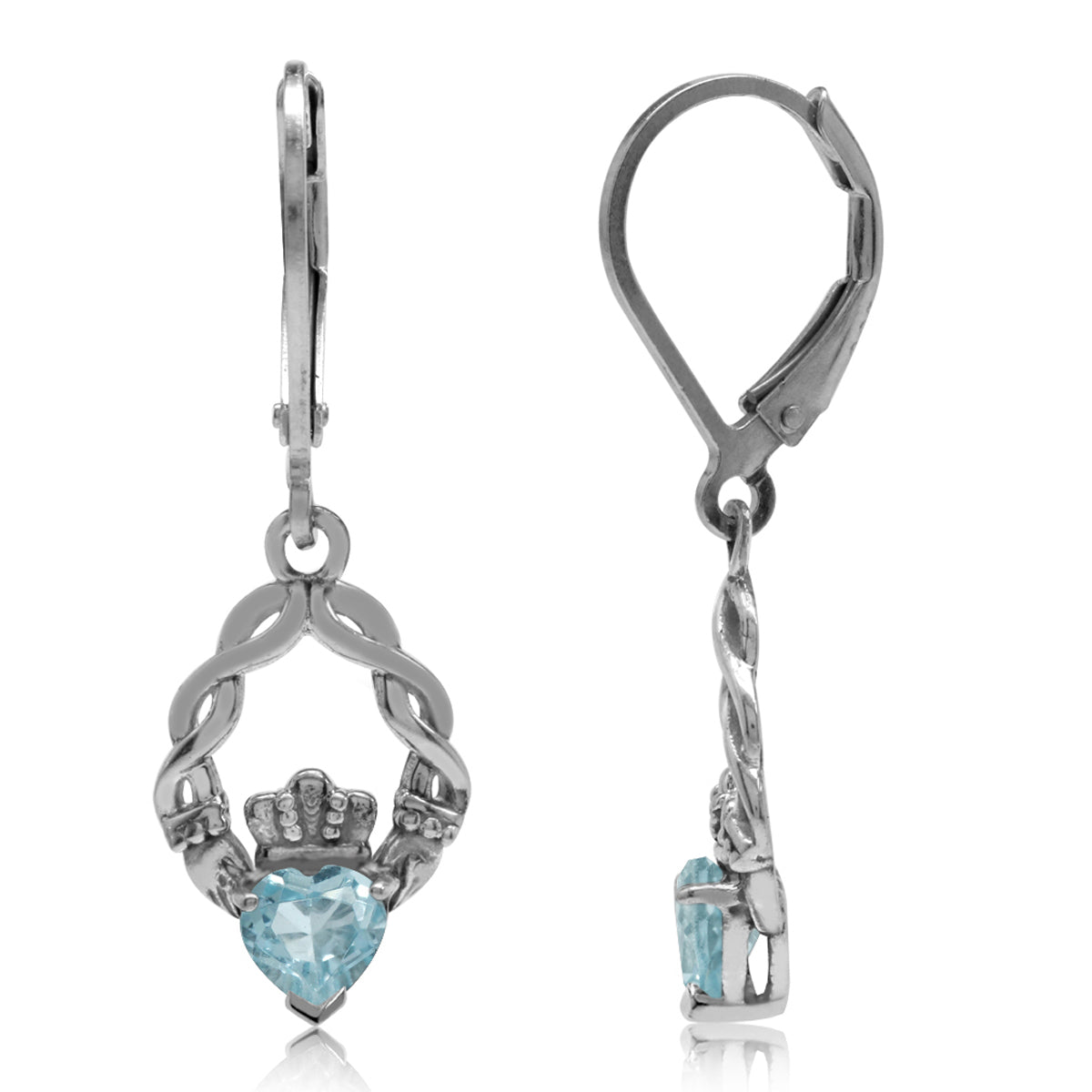 Silvershake 1.1ct. Genuine Heart Shape Blue Topaz 925 Sterling Silver Claddagh Leverback Earrings - Silvershake-store