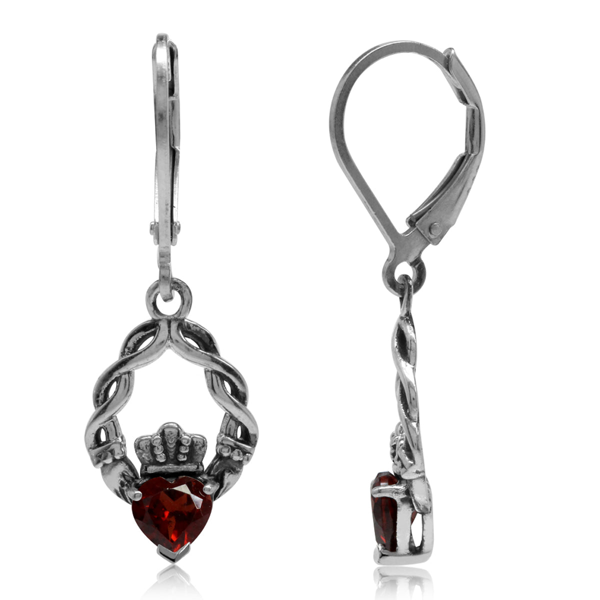Silvershake 1.06ct. Natural Heart Shape Garnet 925 Sterling Silver Claddagh Dangle Leverback Earrings - Silvershake-store