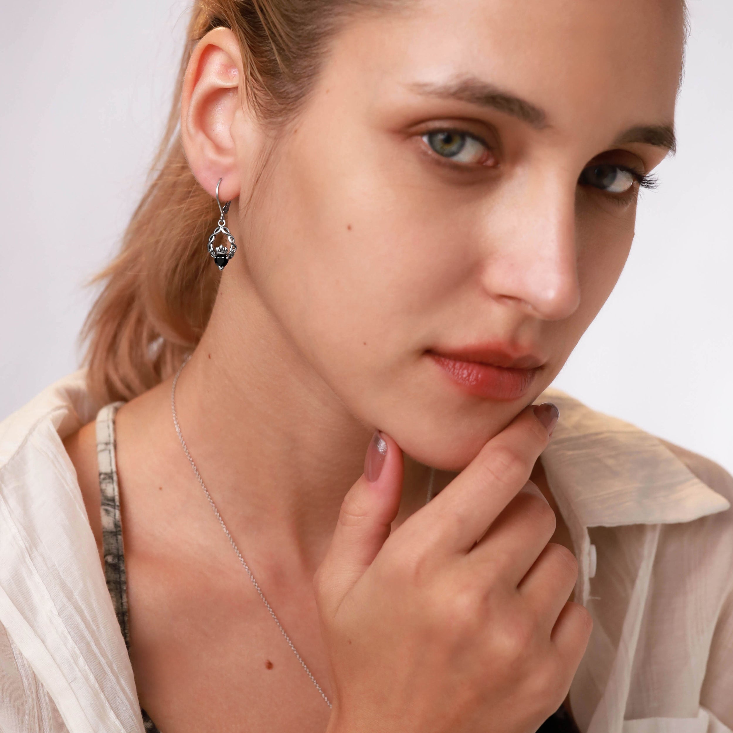 Silvershake 1.06ct. Natural Heart Shape Garnet 925 Sterling Silver Claddagh Dangle Leverback Earrings - Silvershake-store