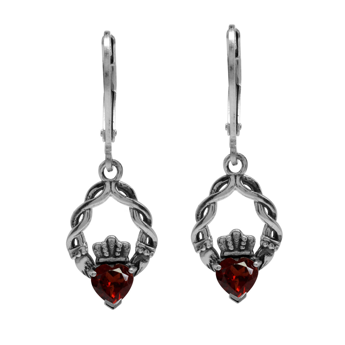 Silvershake 1.06ct. Natural Heart Shape Garnet 925 Sterling Silver Claddagh Dangle Leverback Earrings - Silvershake-store