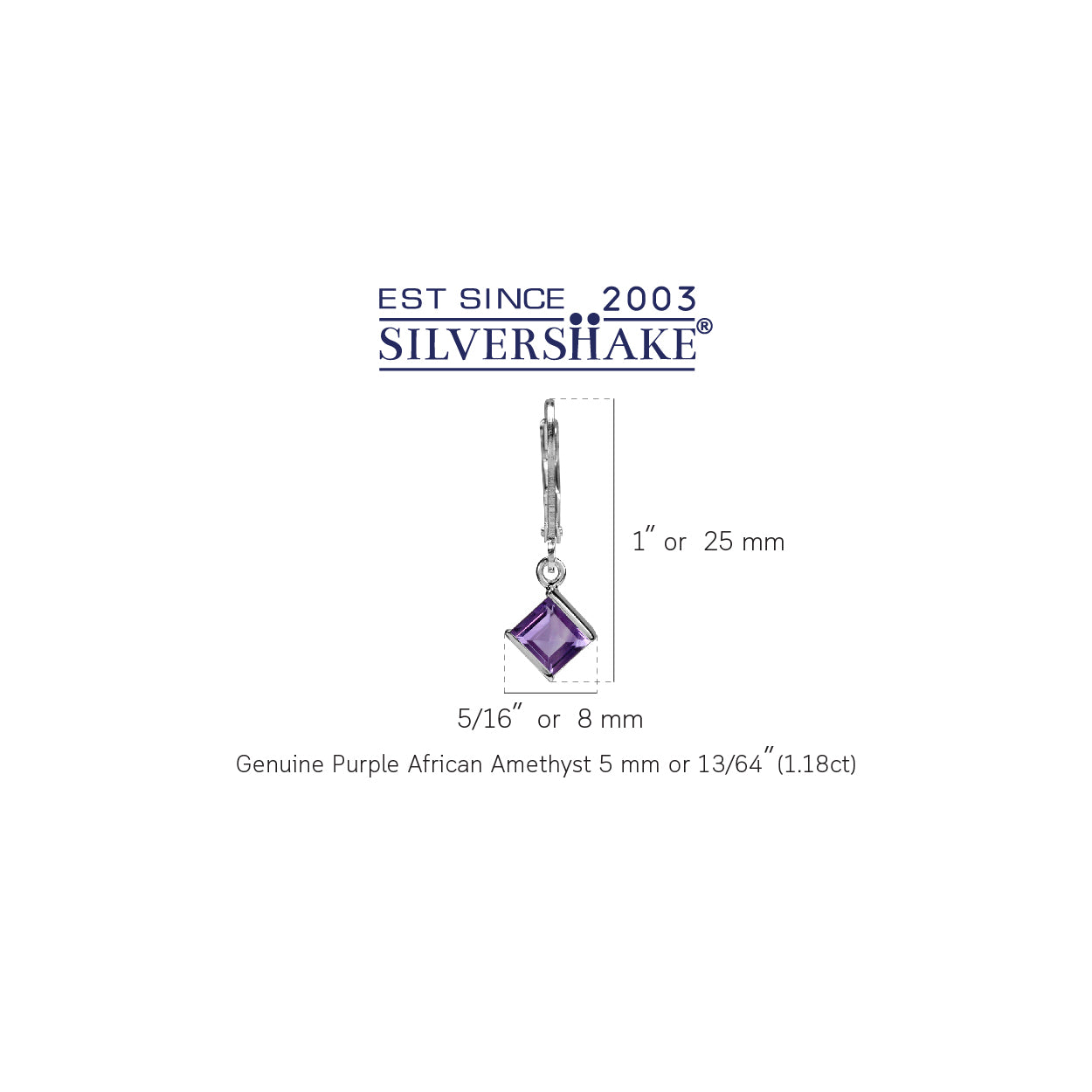 1.18ct. 5mm Natural Square Shape African Amethyst 925 Sterling Silver Leverback Dangle Earrings - Silvershake-store