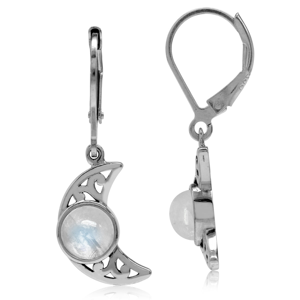 Silvershake Natural Moonstone 925 Sterling Silver Filigree Crescent Moon Leverback Dangle Earrings - Silvershake-store