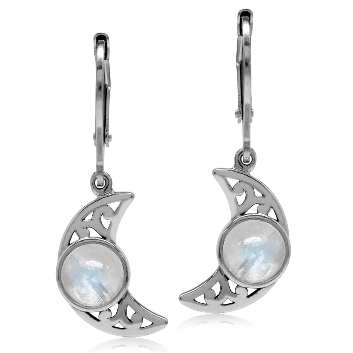 Silvershake Natural Moonstone 925 Sterling Silver Filigree Crescent Moon Leverback Dangle Earrings - Silvershake-store