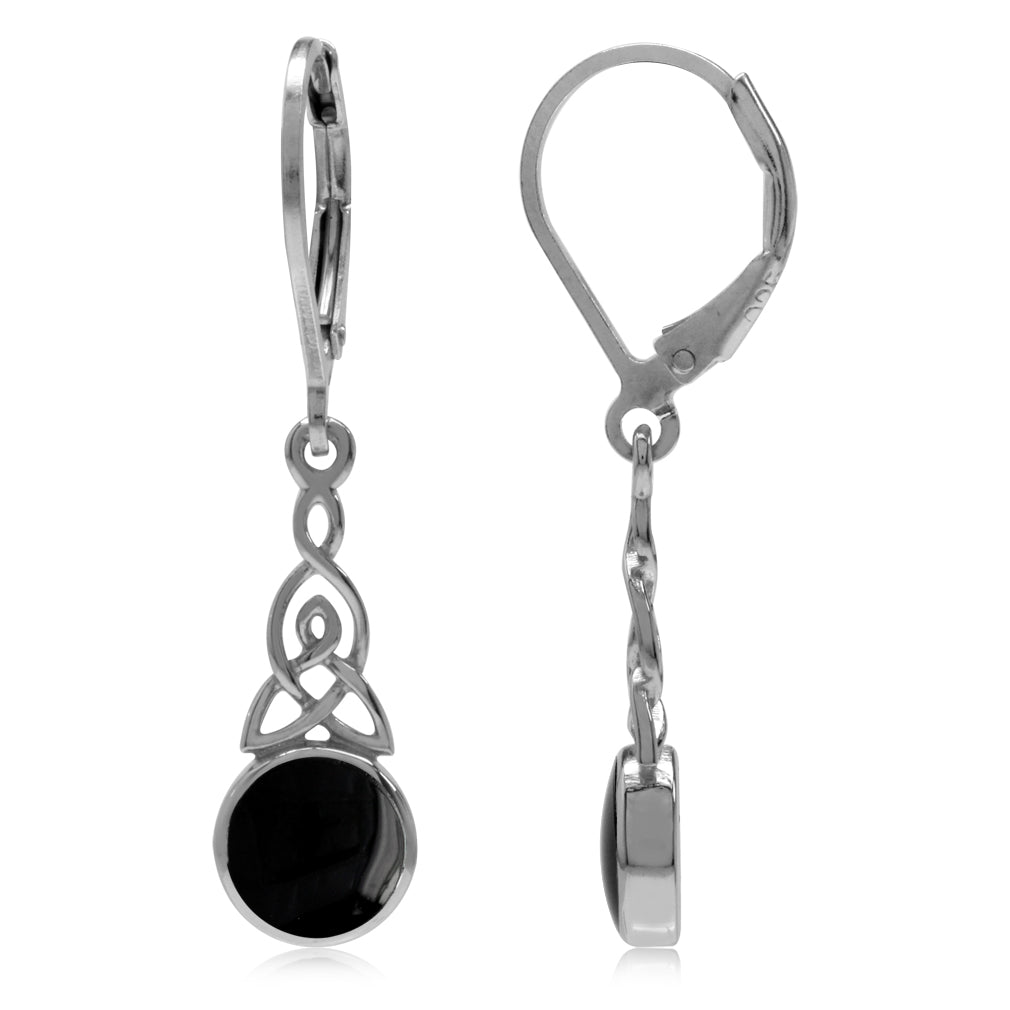 Created Onyx White Gold Plated 925 Sterling Silver Triquetra Celtic Knot Leverback Dangle Earrings - Silvershake-store