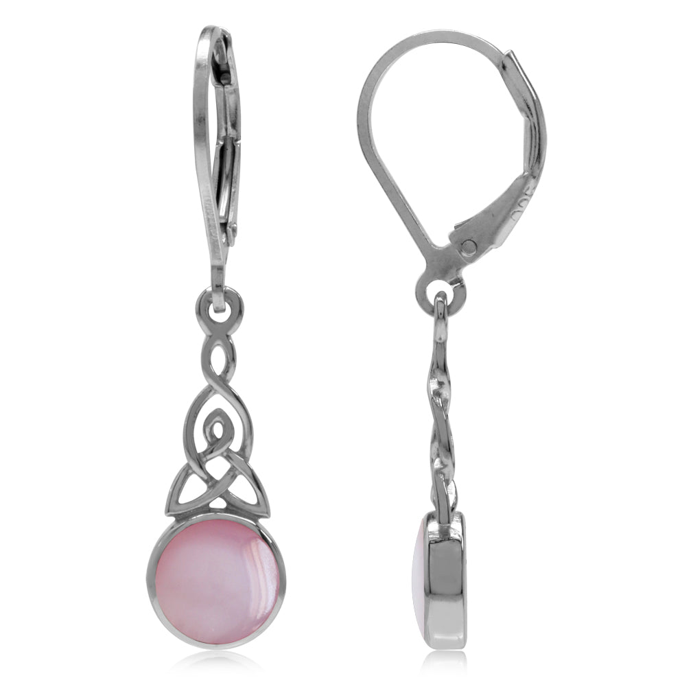 Pink Mother of Pearl White Gold Plated 925 Sterling Silver Triquetra Celtic Knot Leverback Earrings - Silvershake-store