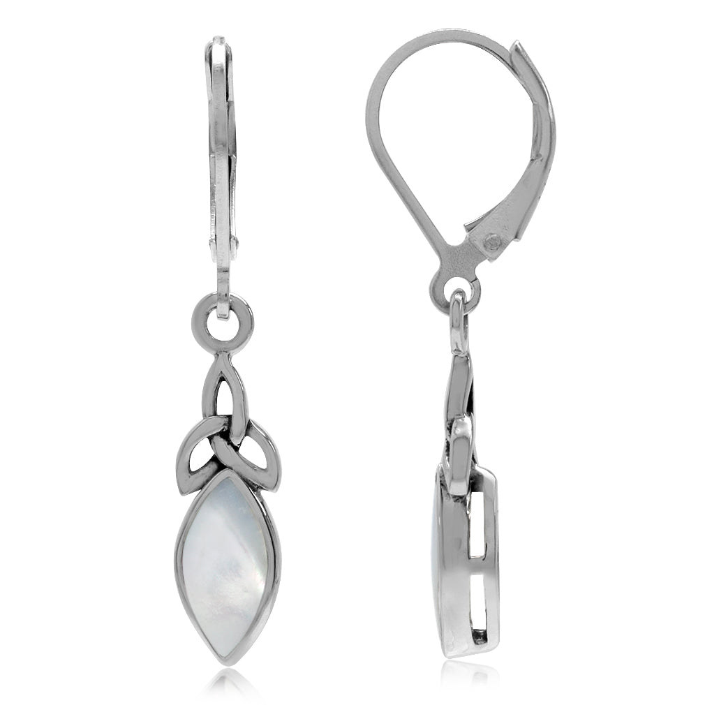 Silvershake White Mother of Pearl Inlay 925 Sterling Silver Triquetra Celtic Knot Leverback Dangle Earrings - Silvershake-store