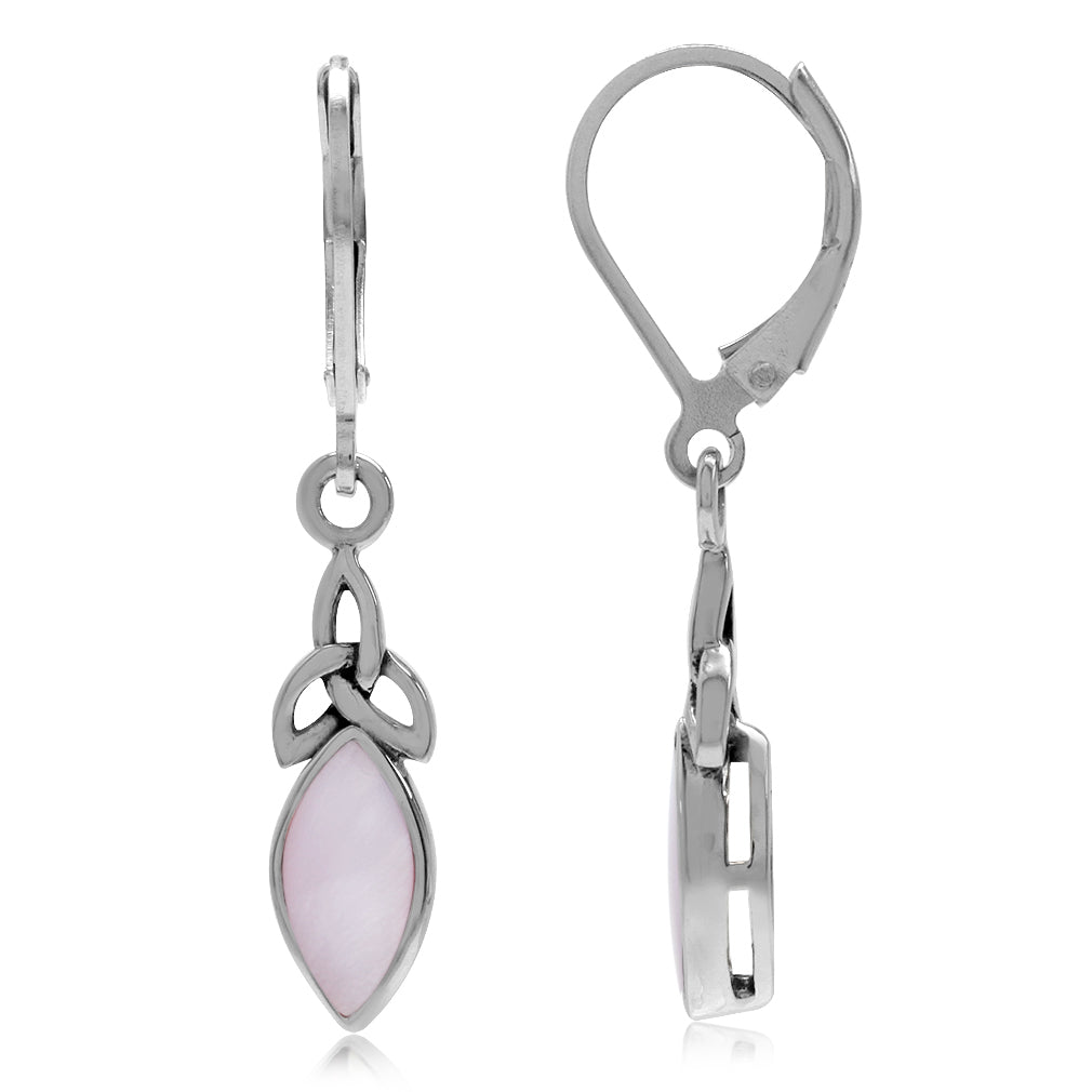 Silvershake Pink Mother of Pearl Inlay 925 Sterling Silver Triquetra Celtic Knot Leverback Dangle Earrings - Silvershake-store