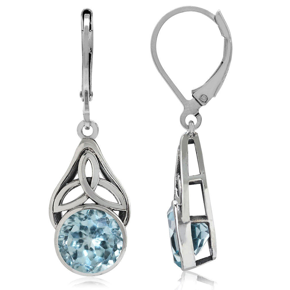 Silvershake 4.82ct. Genuine Blue Topaz 925 Sterling Silver Triquetra Celtic Knot Leverback Dangle Earrings - Silvershake-store