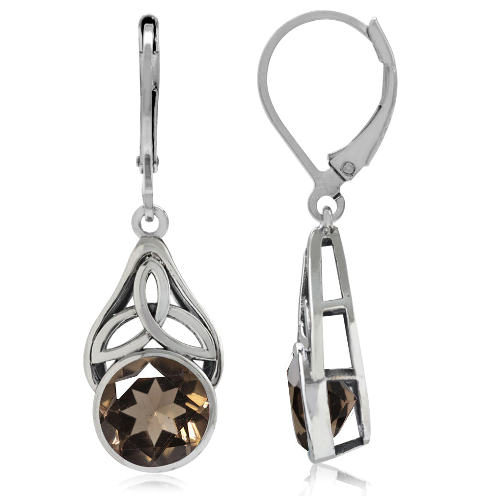 Silvershake 3.58ct. Natural Smoky Quartz 925 Sterling Silver Triquetra Celtic Knot Leverback Dangle Earrings - Silvershake-store